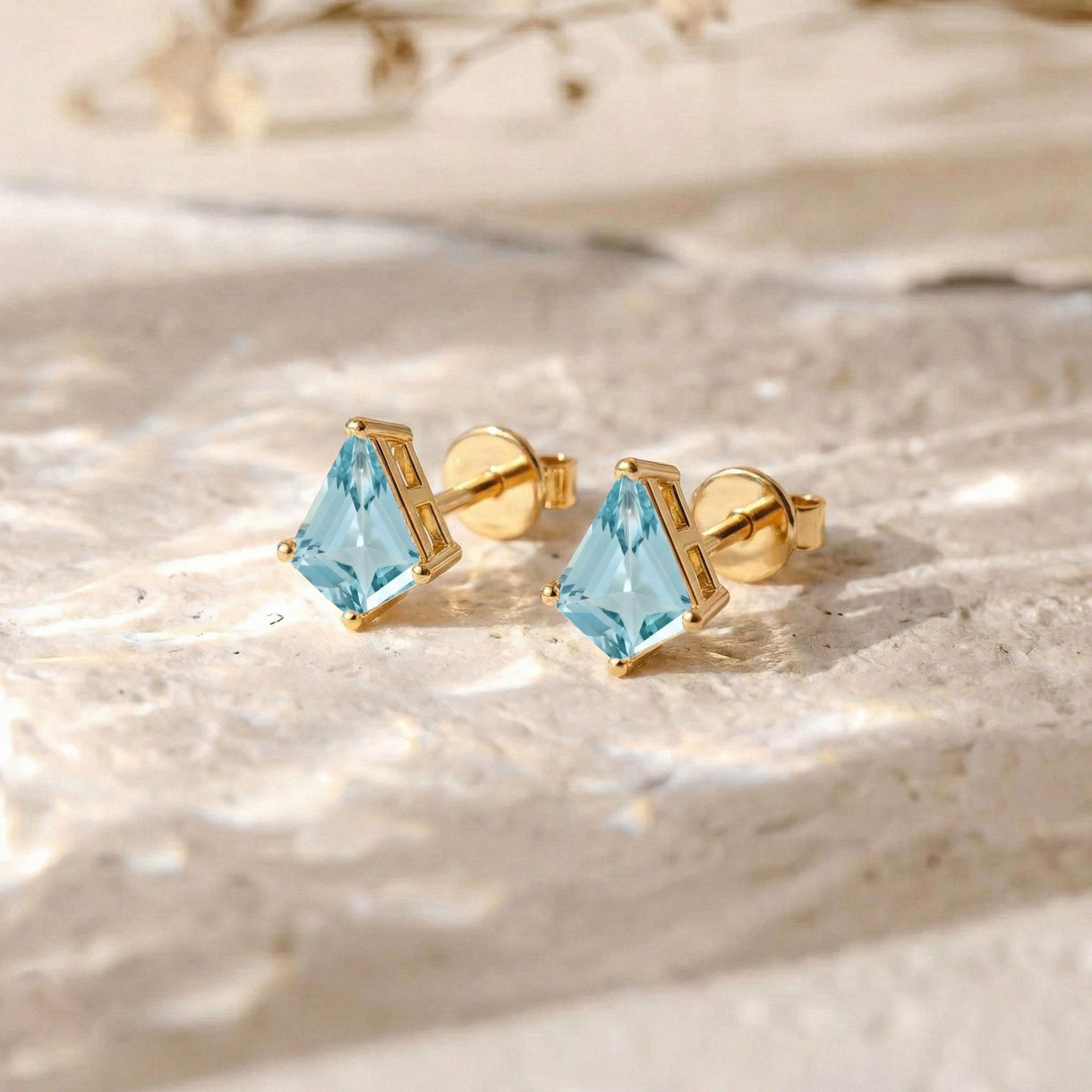 Aquamarine Kite Stud Earrings in Yellow Gold Plated 7x5 MM 1.50ct