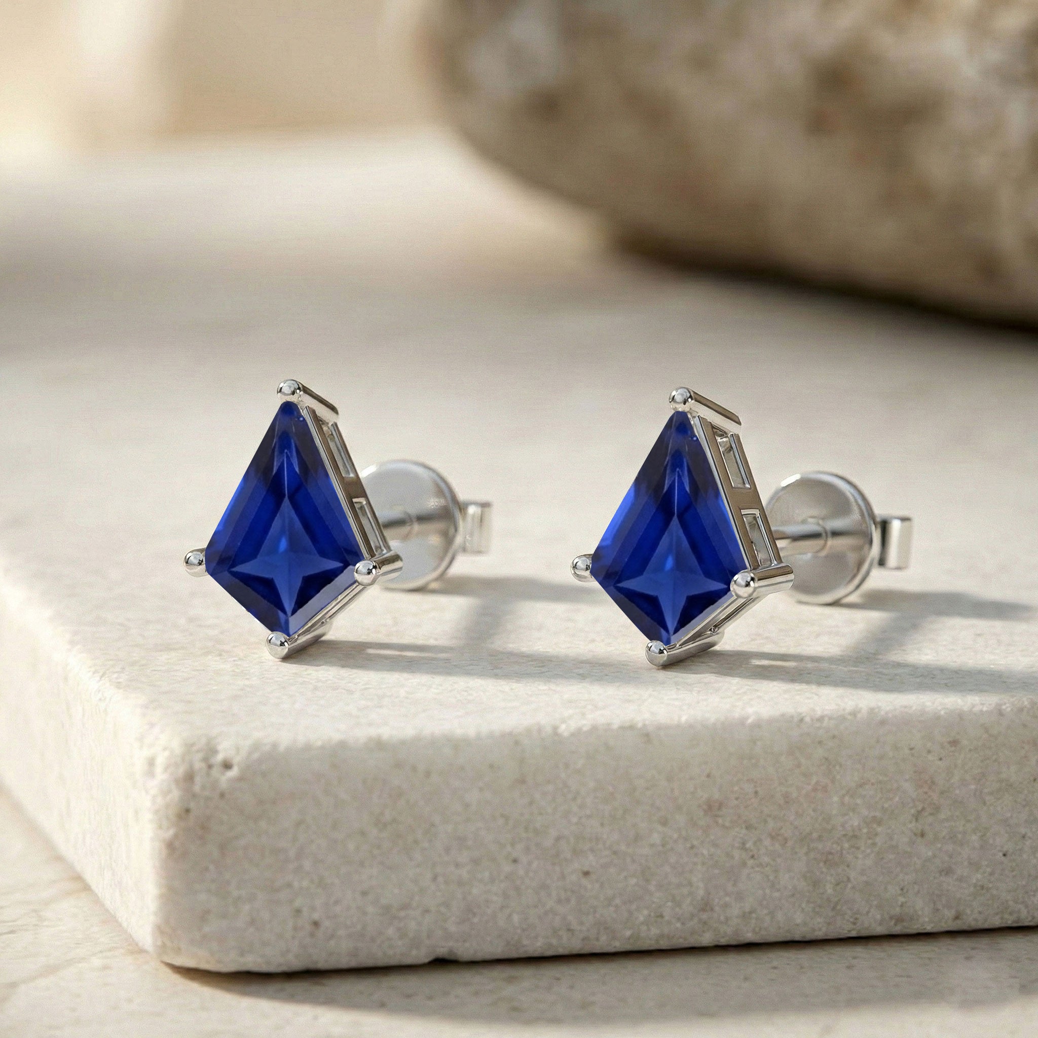 Blue Sapphire Kite Stud Earrings in 925 Sterling Silver 7x5 MM 1.50ct