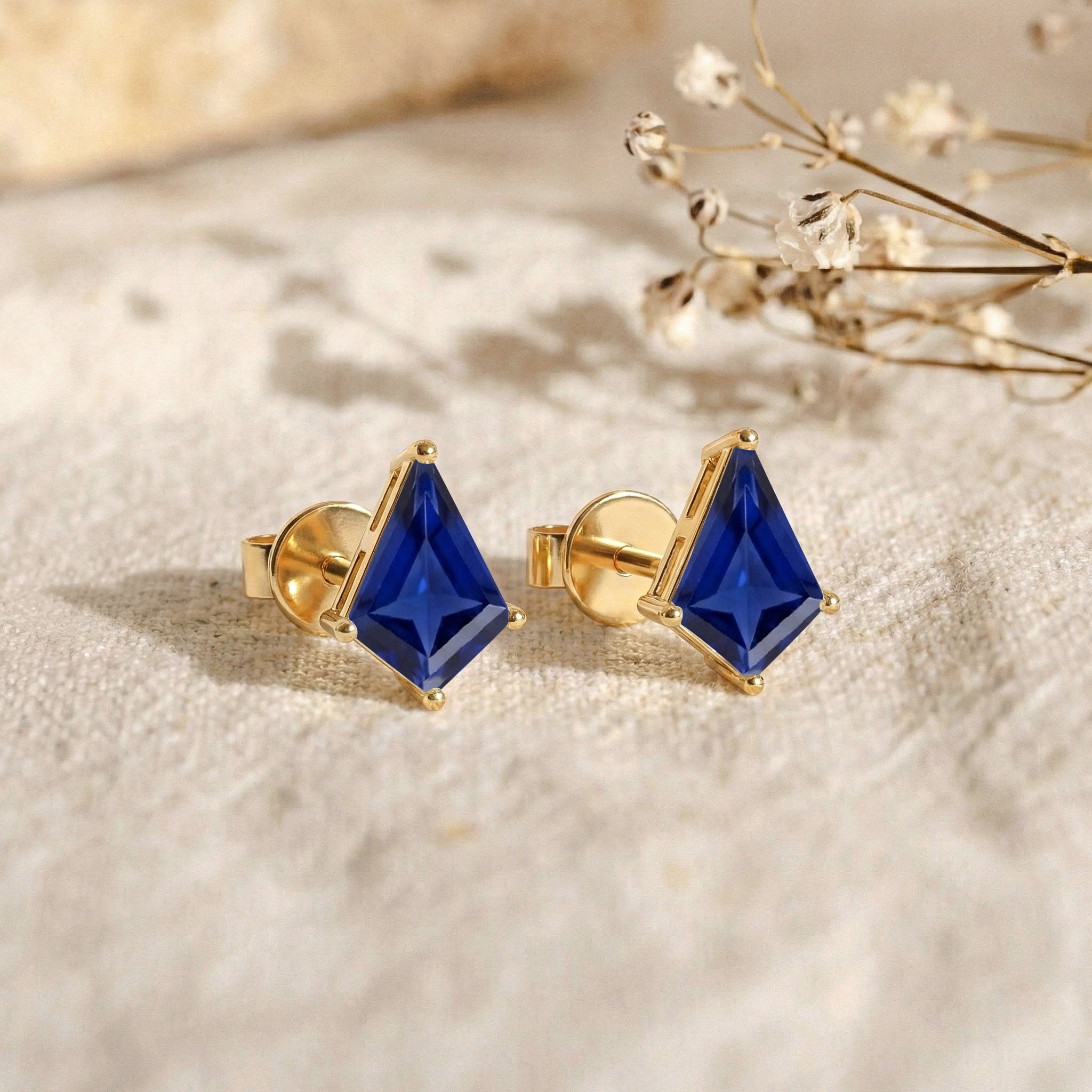 Blue Sapphire Kite Stud Earrings in Yellow Gold Plated 7x5 MM 1.50ct