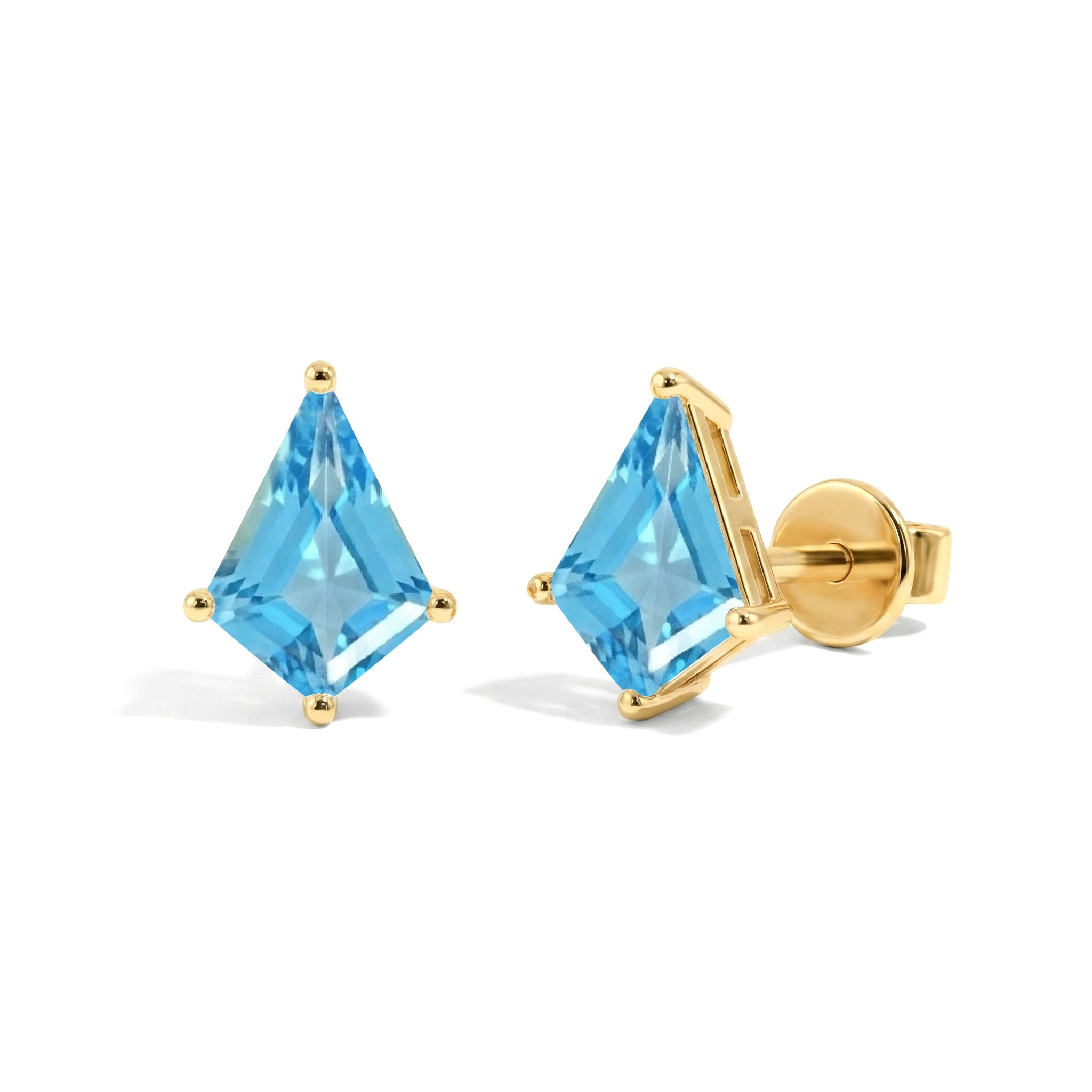 Blue Topaz Kite Stud Earrings in Yellow Gold Plated 7x5 MM 1.50ct