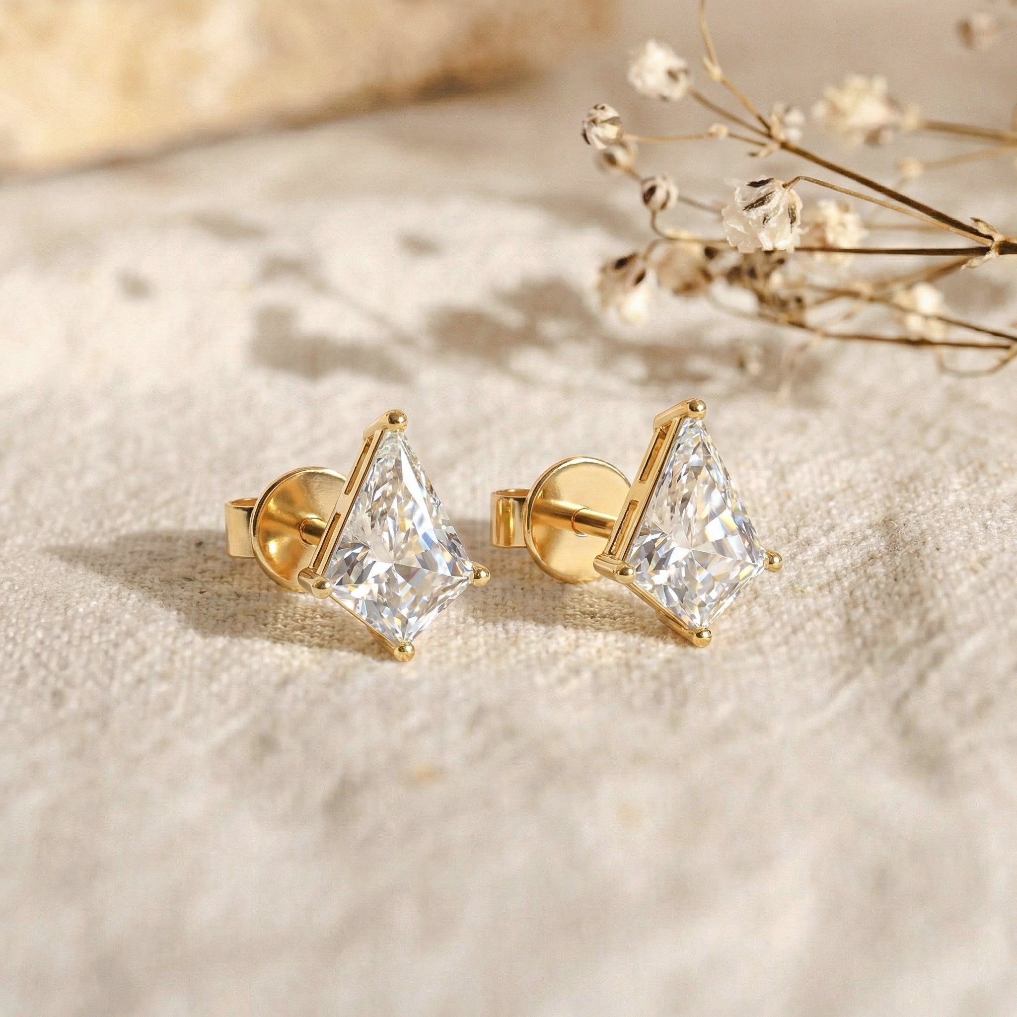 Simulated Diamond Kite Stud Earrings in Yellow Gold Plated 7x5 MM 1.50ct