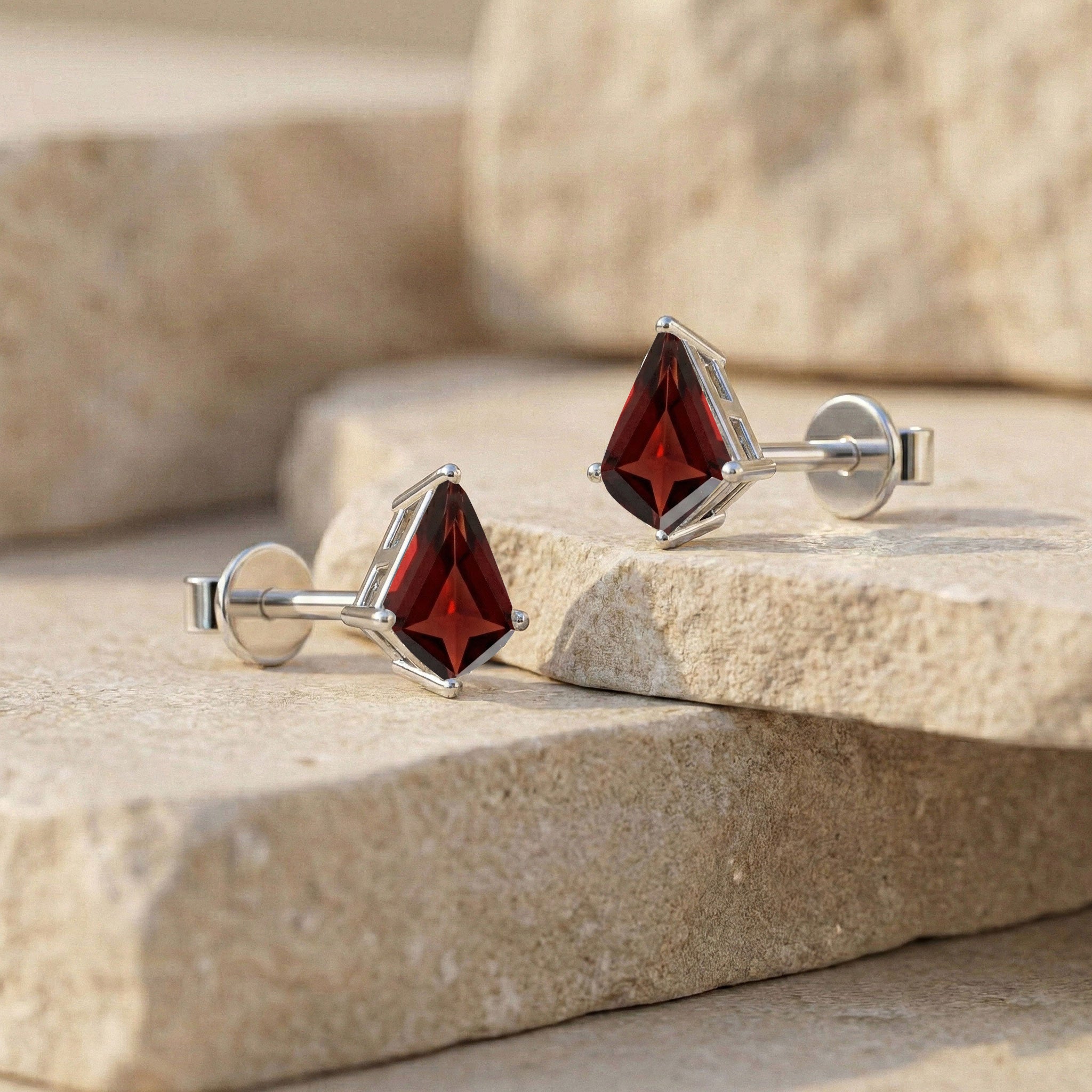 Garnet bead earrings geometric kite gemstone style