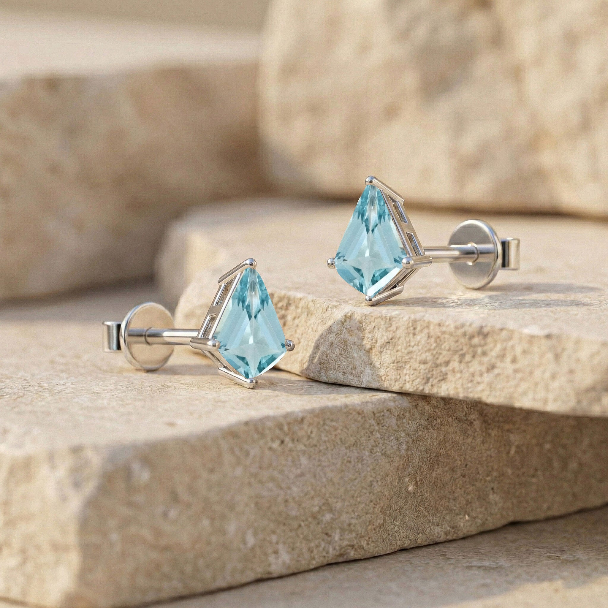 Aquamarine Kite Stud Earrings in 925 Sterling Silver 7x5 MM 1.50ct
