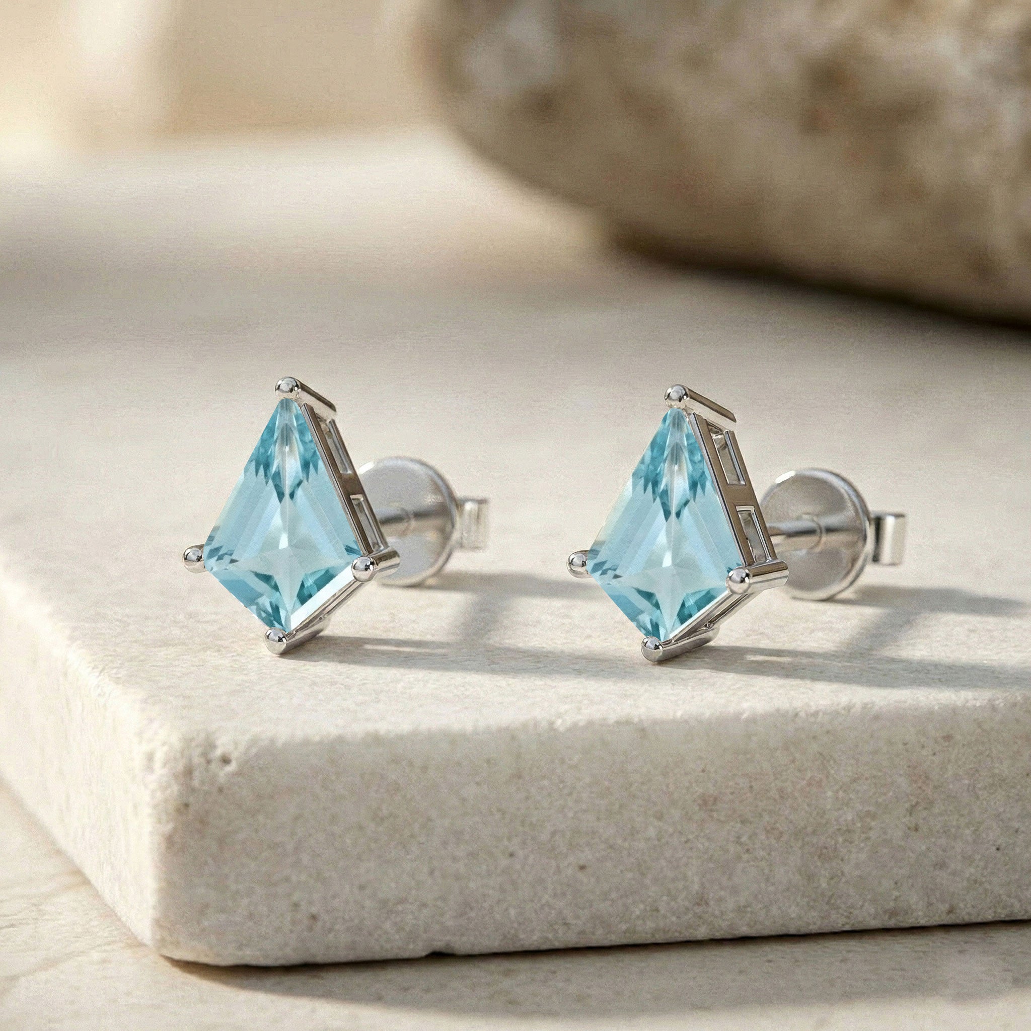 Aquamarine Kite Stud Earrings in 925 Sterling Silver 7x5 MM 1.50ct