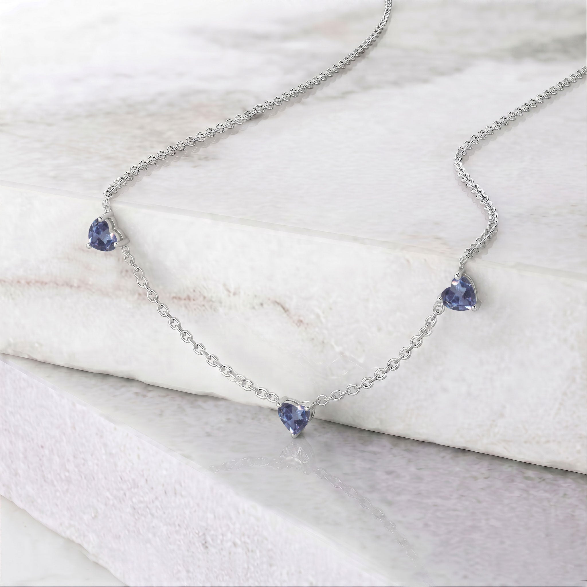 Handmade Alexandrite Three Stone Heart Necklace in Yellow Gold Filled.

