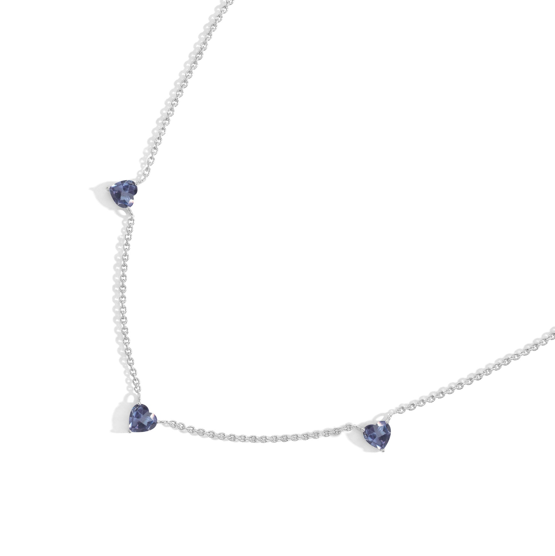 Alexandrite Three Stone Heart Necklace available in Sterling Silver, Yellow Gold Filled, and Rose Gold Filled.
