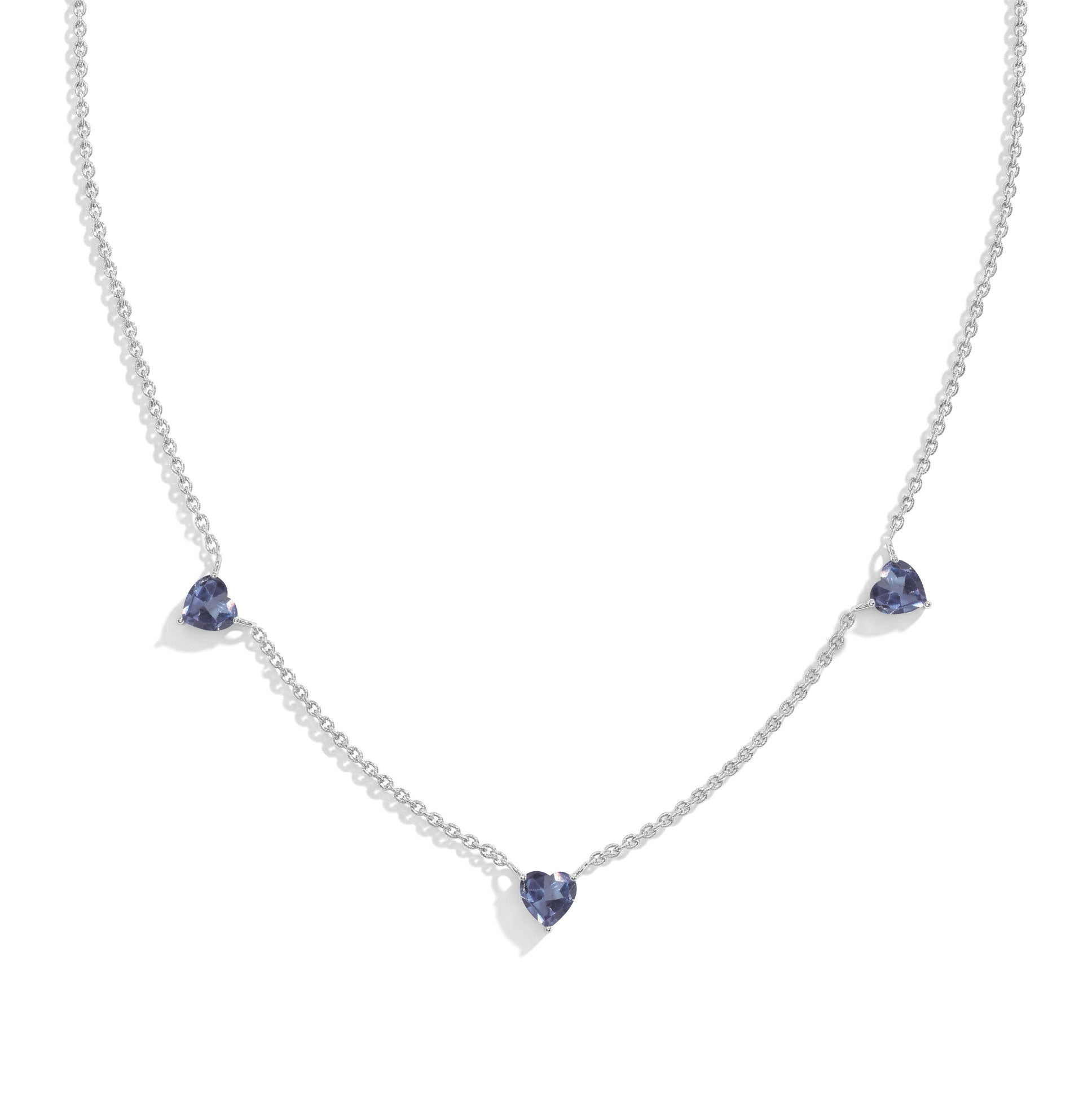 "AAA Grade Alexandrite Three Stone Heart Necklace in 925 Sterling Silver with genuine heart-cut gemstones.
