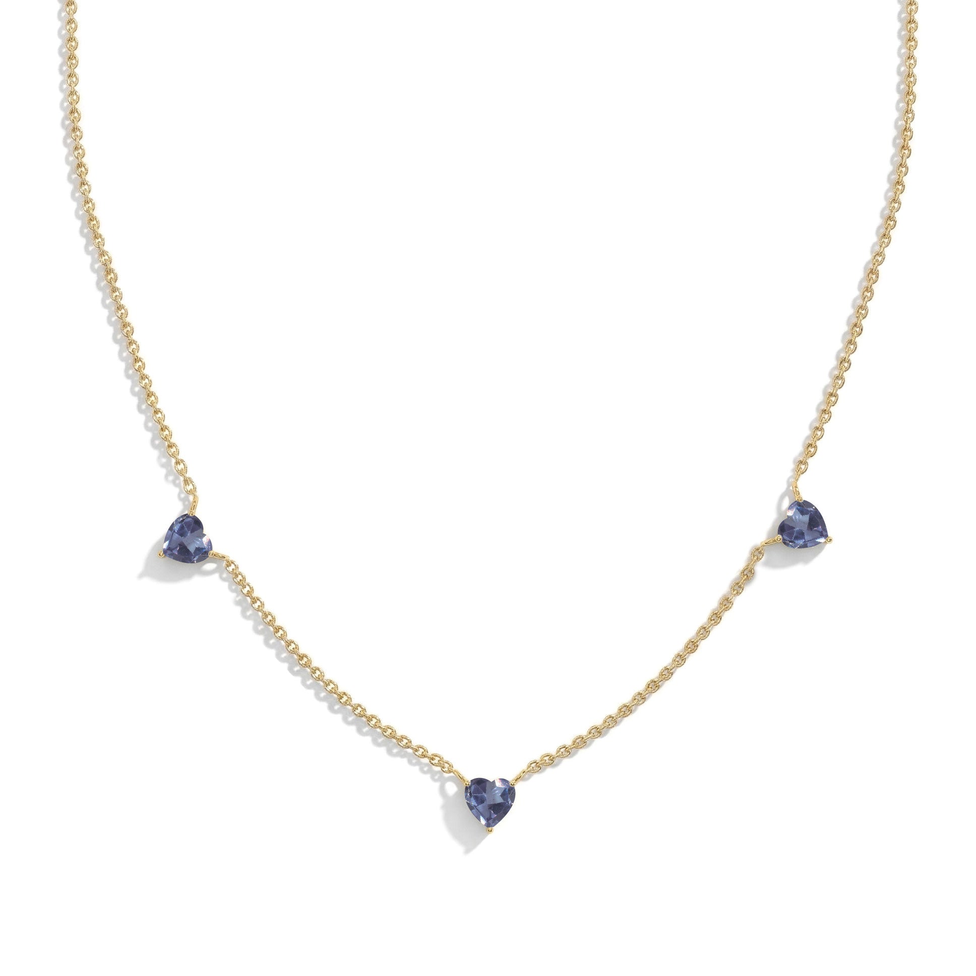 Alexandrite Three Stone Heart Necklace available in Sterling Silver, Yellow Gold Filled, and Rose Gold Filled.
