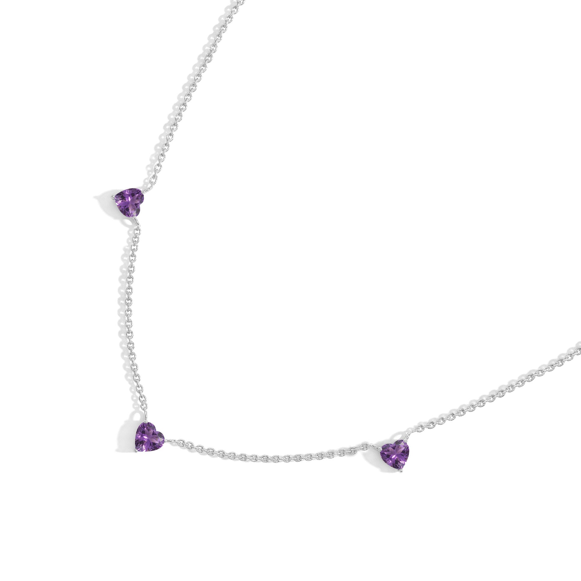 Handmade AAA Natural Amethyst Heart Necklace in Yellow Gold Filled featuring three 6mm gemstones.
