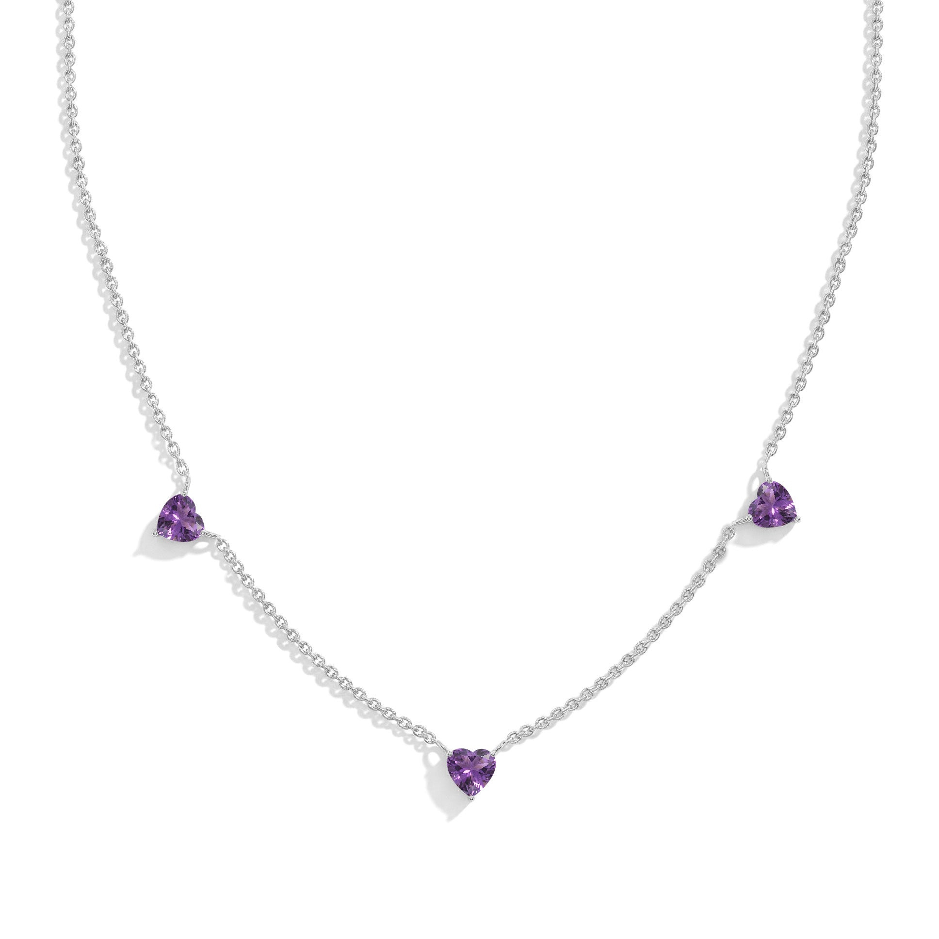 "AAA Grade Natural Amethyst Three Stone Heart Necklace in 925 Sterling Silver with genuine heart-cut gemstones.
