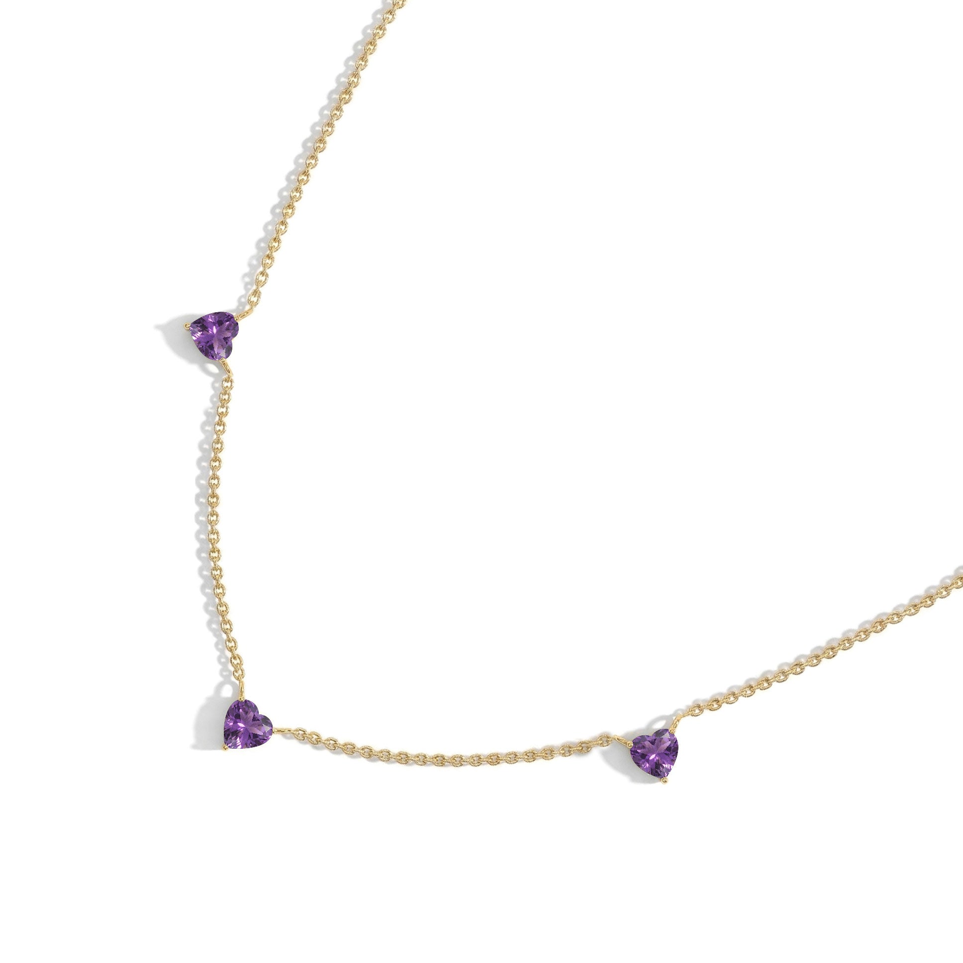 Women's Natural Amethyst Three Stone Heart Necklace with a 16-inch chain.
