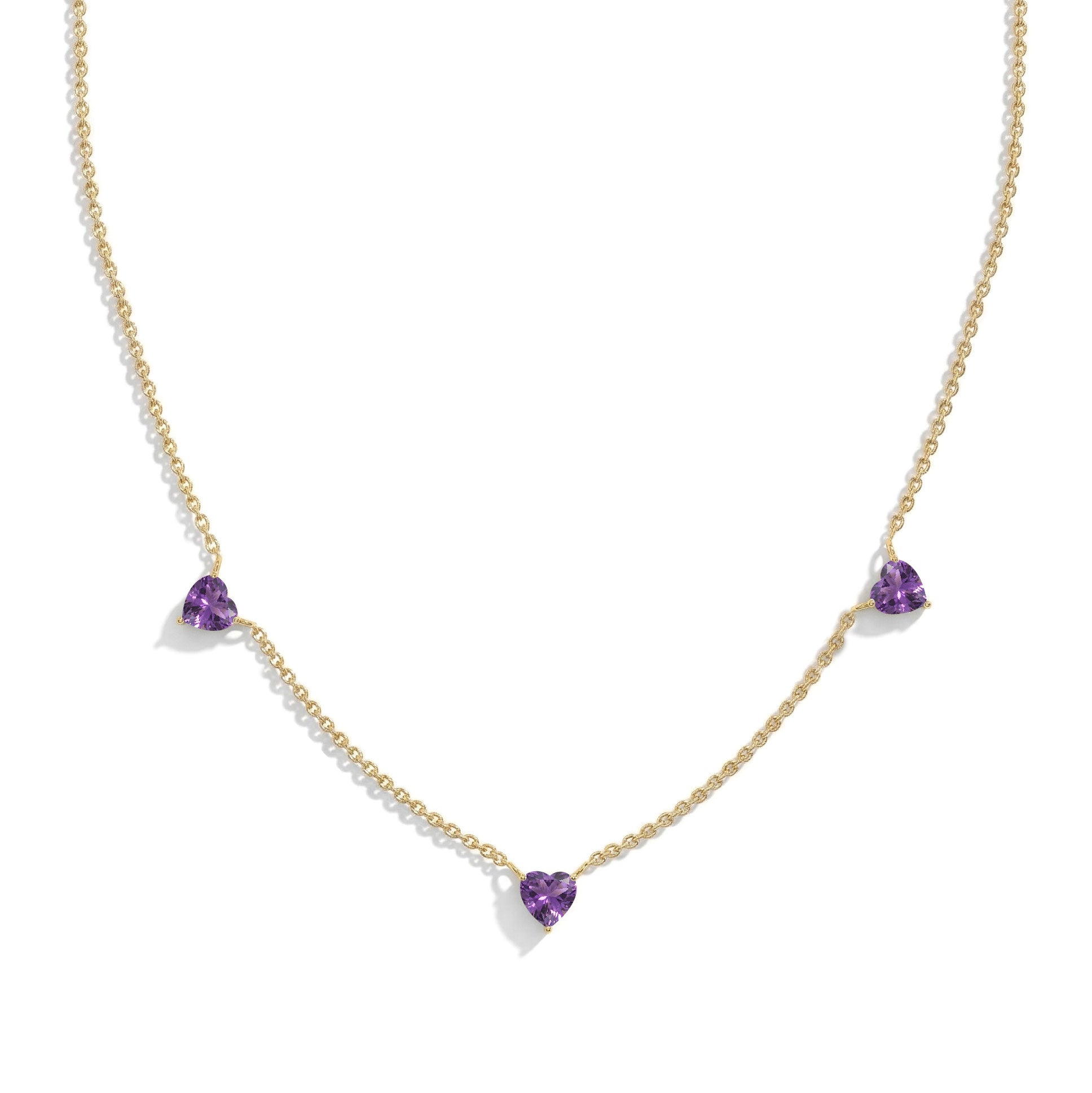 Delicate AAA Grade Amethyst gemstone necklace with three sparkling heart-shaped stones.
