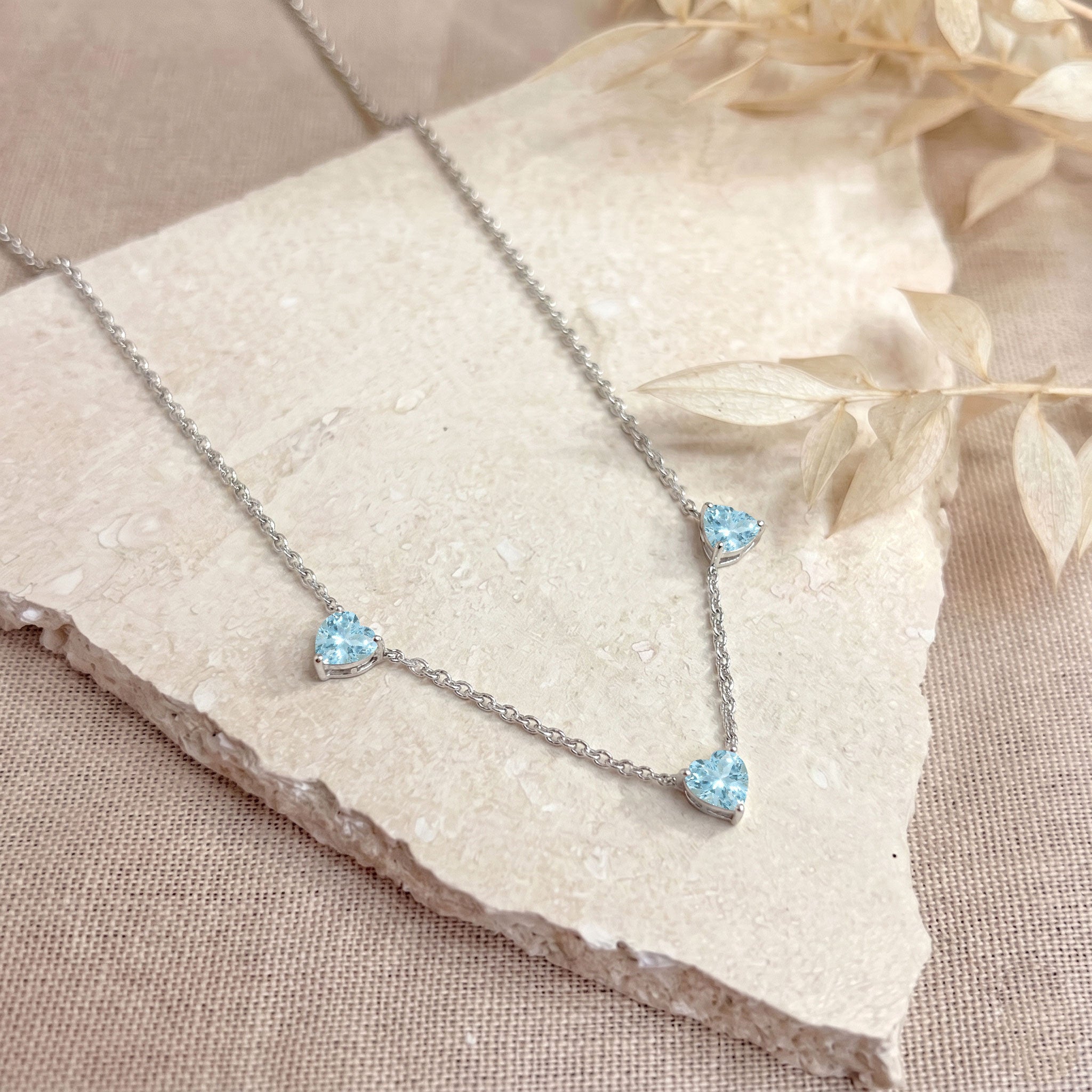 Elegant AAA Grade Aquamarine Three Stone Heart Necklace for women in 925 Sterling Silver and Gold Filled.
