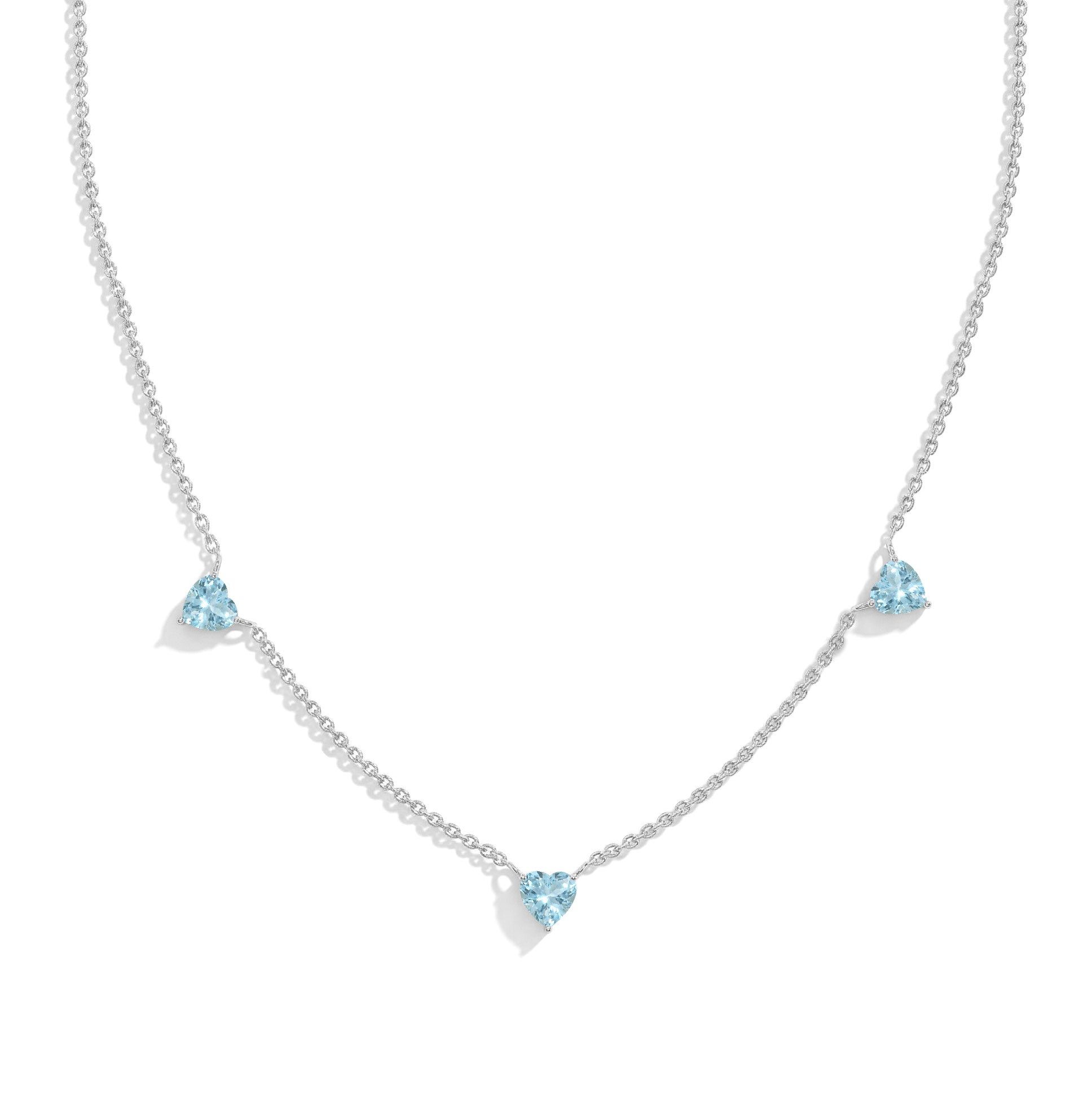 "AAA Grade Aquamarine Three Stone Heart Necklace in 925 Sterling Silver.
