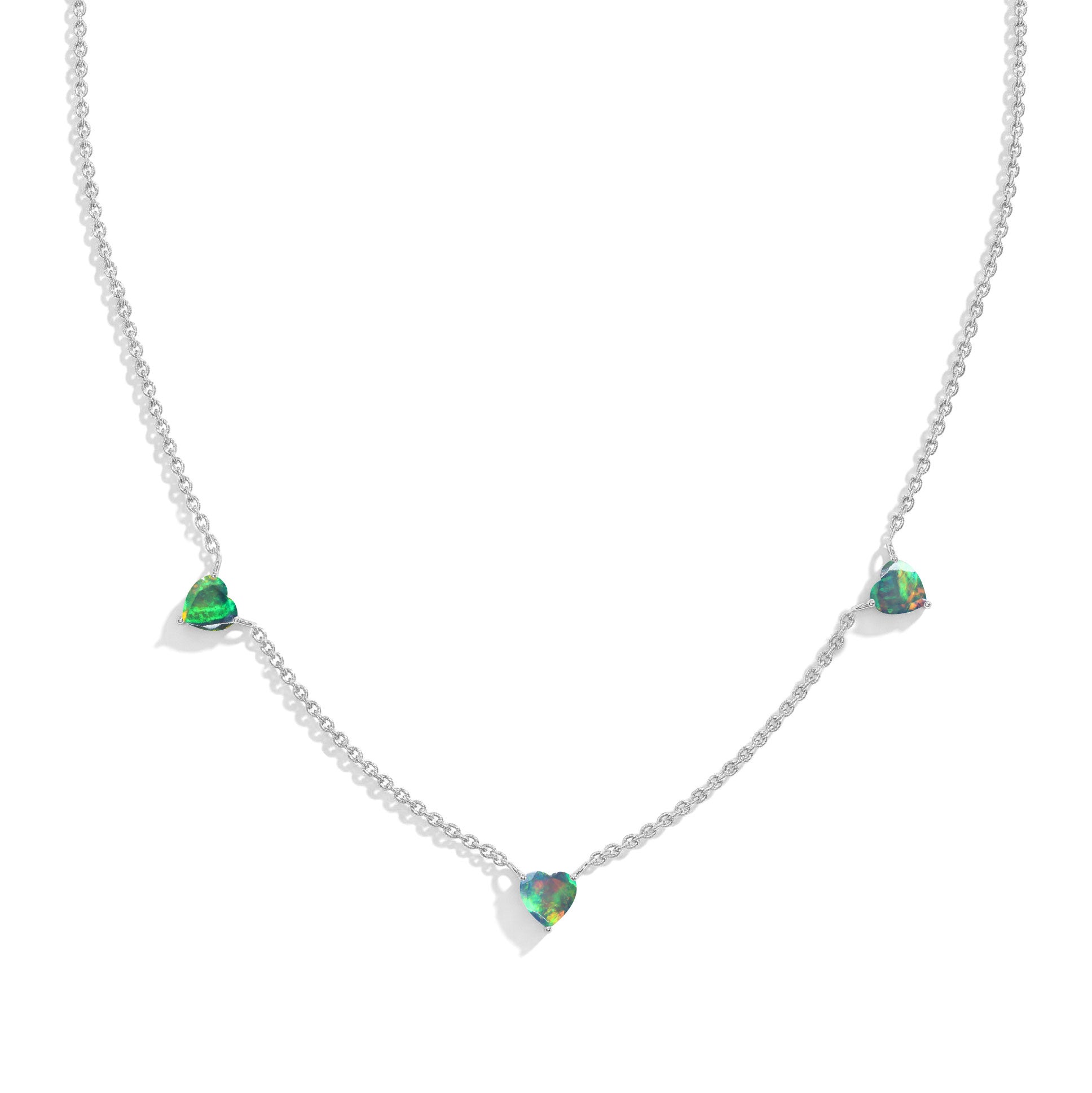 "AAA Grade Natural Black Opal Three Stone Heart Necklace in 925 Sterling Silver with genuine heart-cut gemstones.
