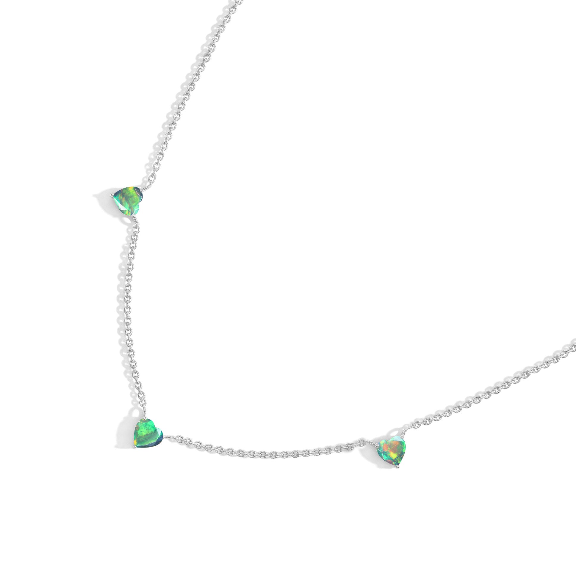 Handmade Natural Black Opal Three Stone Heart Necklace in Yellow Gold Filled.
