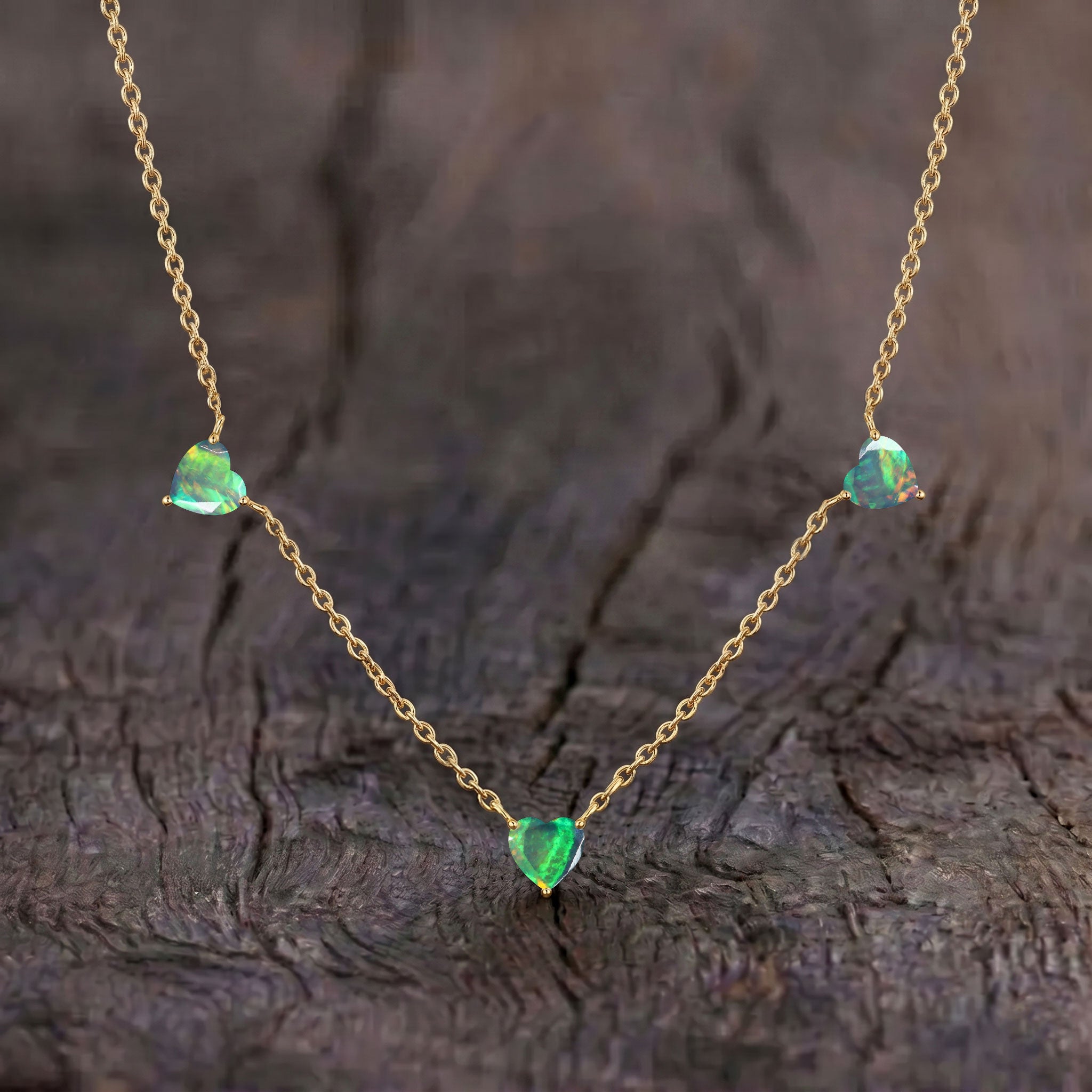 AAA Grade Natural Black Opal Three Stone Heart Necklace, handcrafted gemstone jewelry gift for her."
