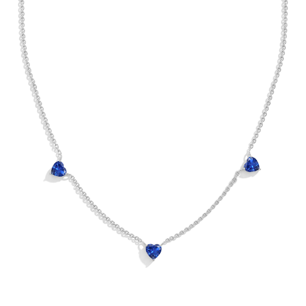 Blue Sapphire Three Stone Heart Necklace in 925 Sterling Silver