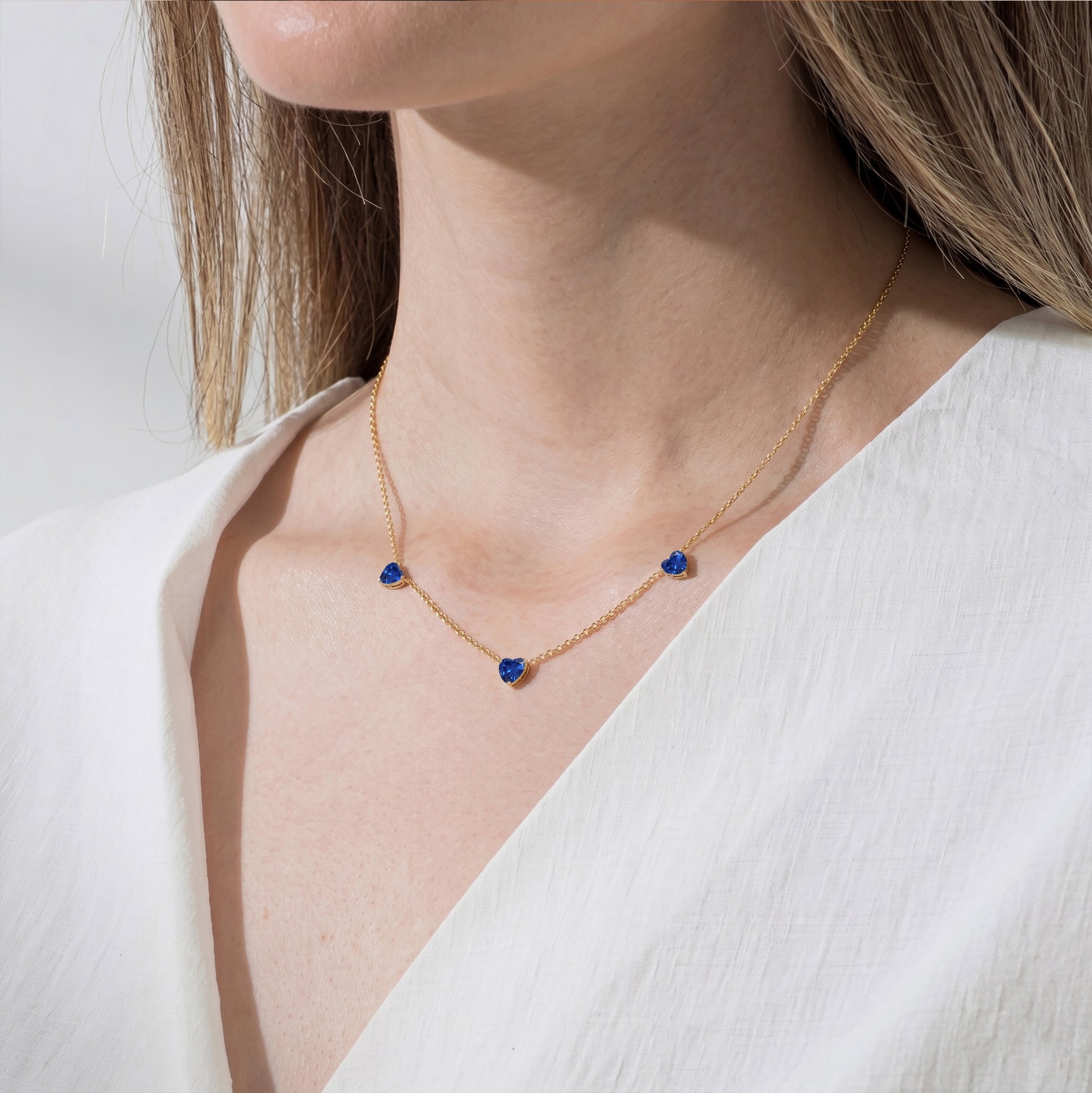 AAA Blue Sapphire Three Stone Heart Necklace in 925 Sterling Silver