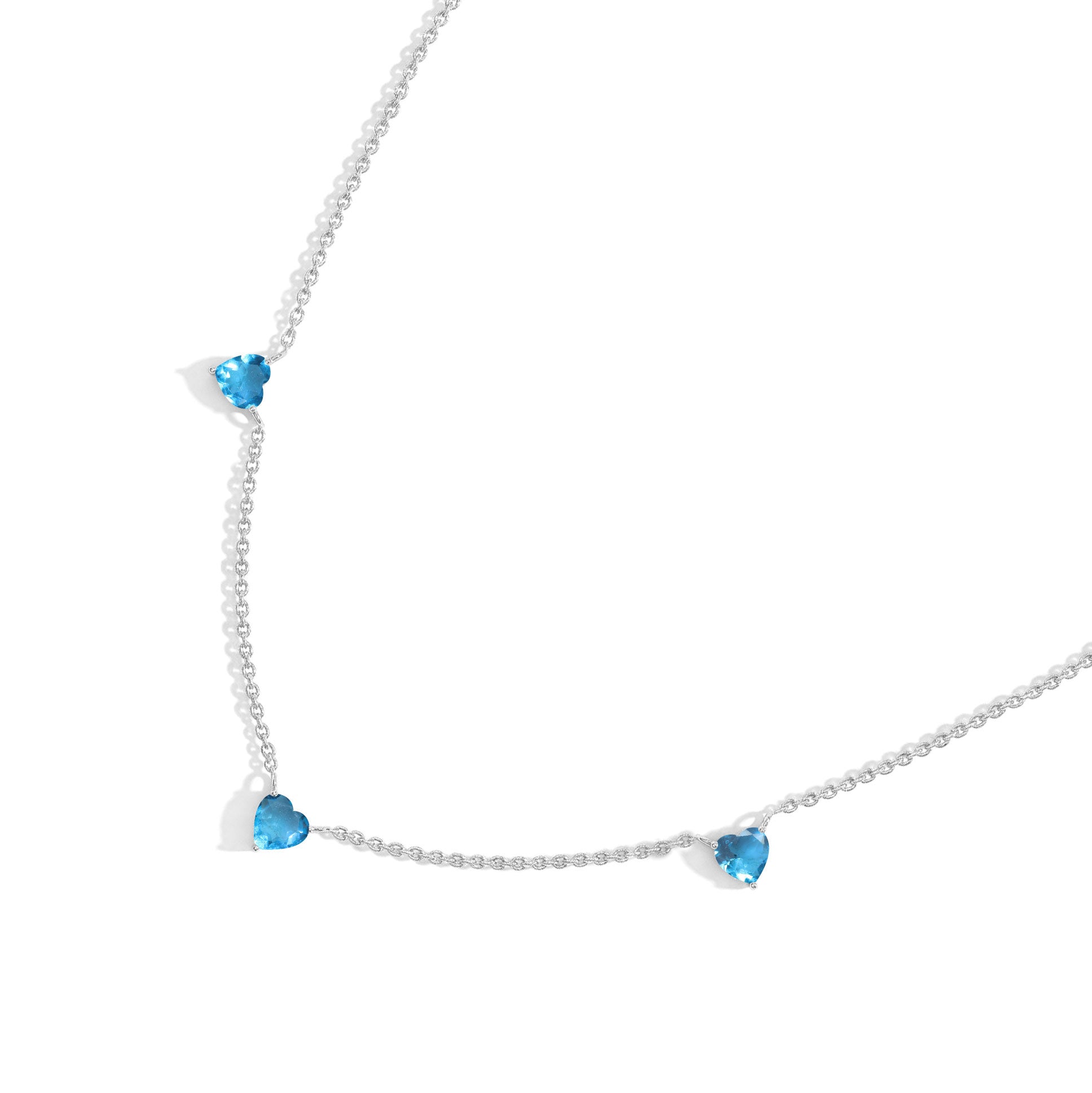 Genuine AAA Natural Blue Topaz Heart Necklace with three 6mm heart-cut gemstones.
