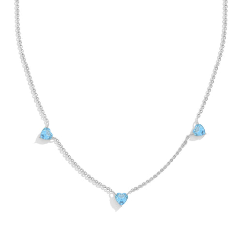 Natural Blue Topaz Three Stone Heart Necklace in 925 Sterling Silver