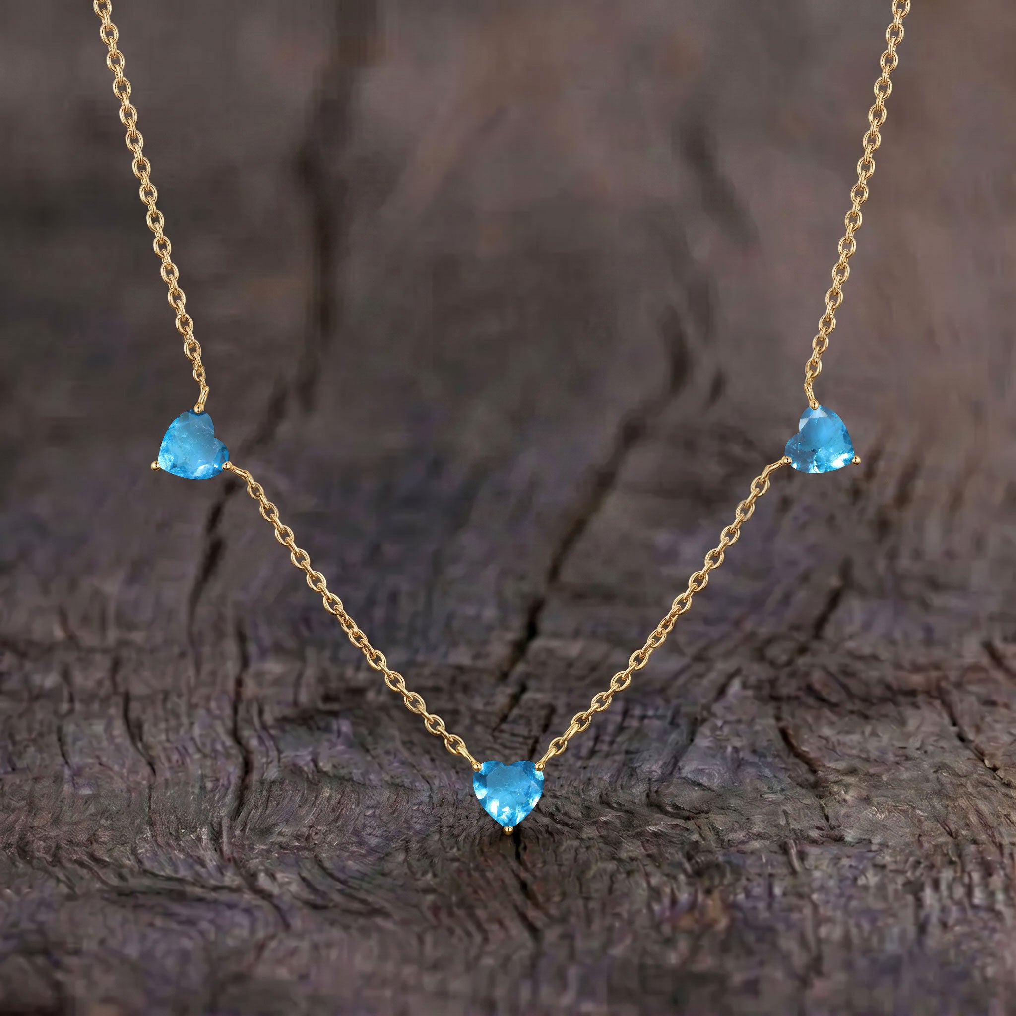 AAA Grade Natural Blue Topaz Three Stone Heart Necklace, handcrafted gemstone jewelry gift for her."
