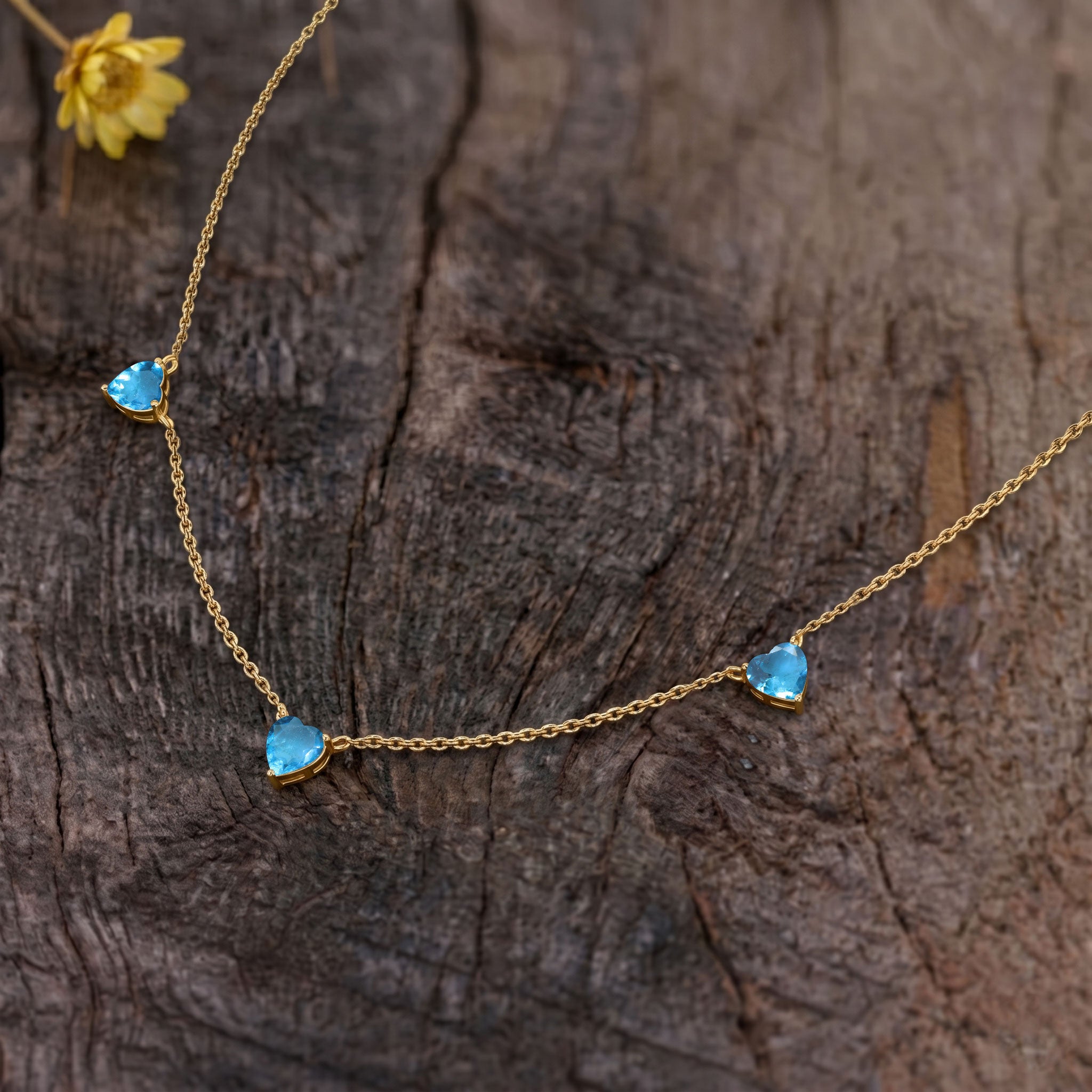 AAA Grade Natural Blue Topaz Three Stone Heart Necklace in 925 Sterling Silver for women.
