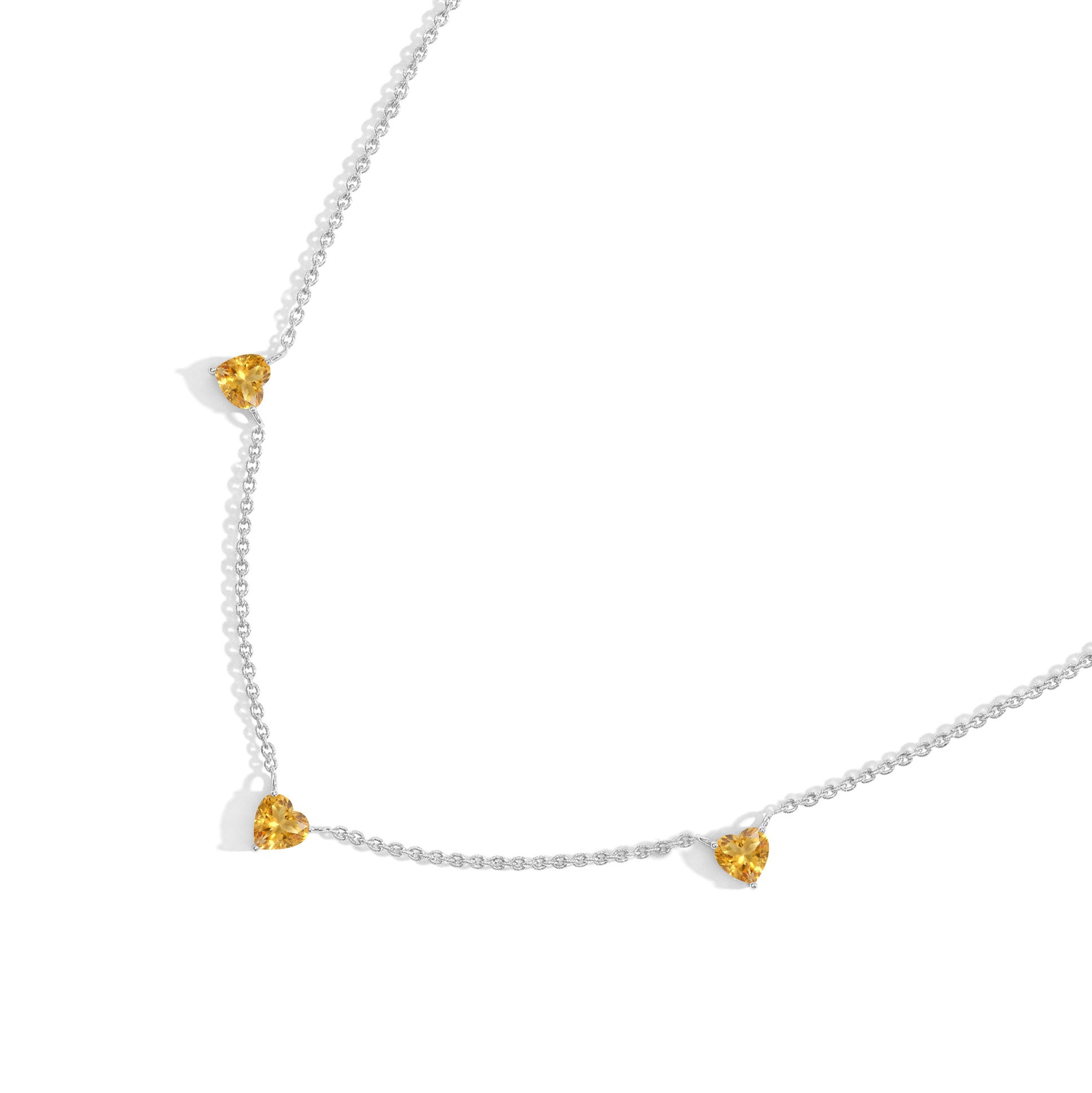 Handmade Natural Citrine Three Stone Heart Necklace in Yellow Gold Filled.
