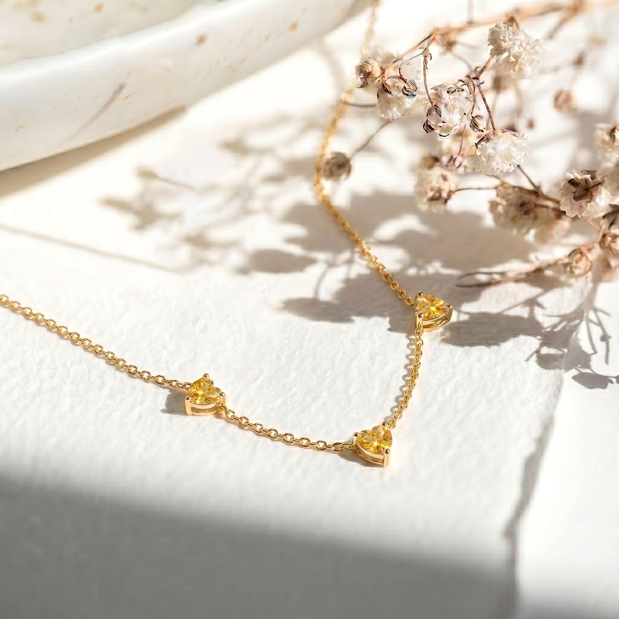 	AAA Grade Natural Citrine Three Stone Heart Necklace, handcrafted gemstone jewelry gift for her."
