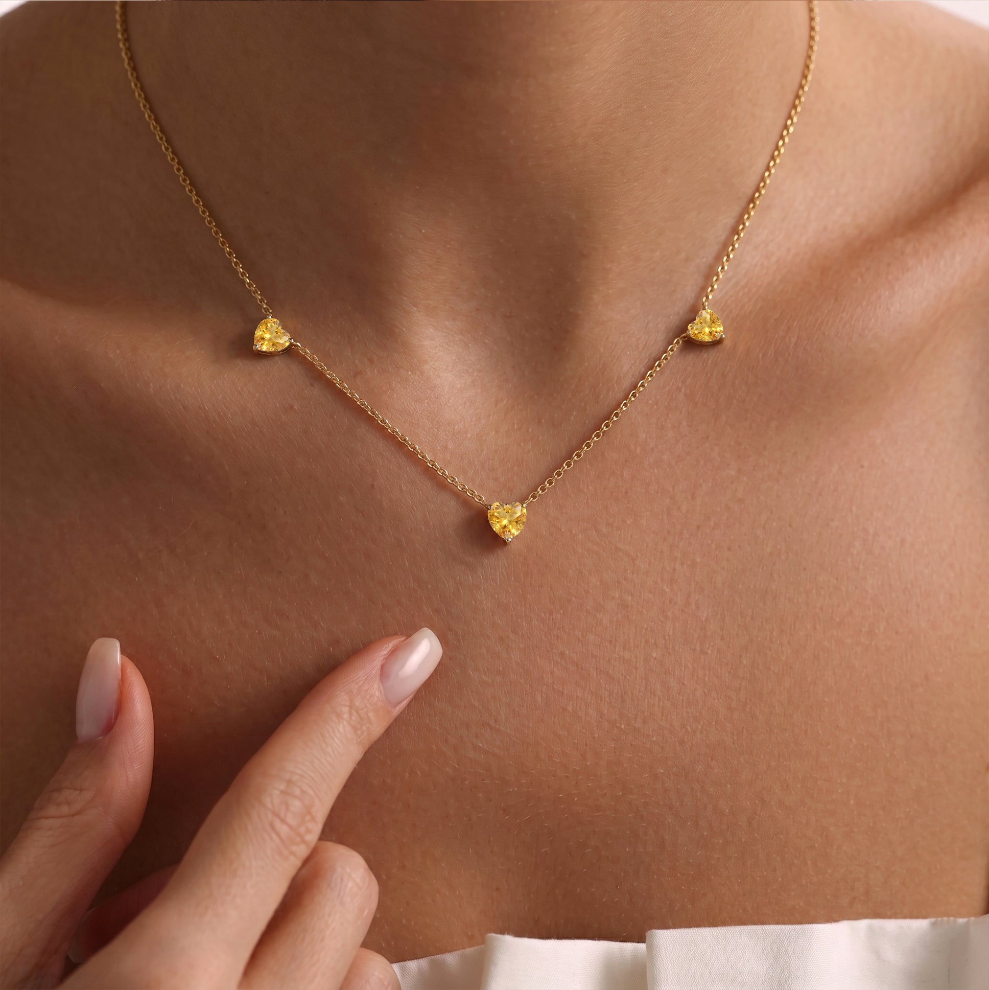 AAA Grade Natural Citrine Three Stone Heart Necklace in 925 Sterling Silver