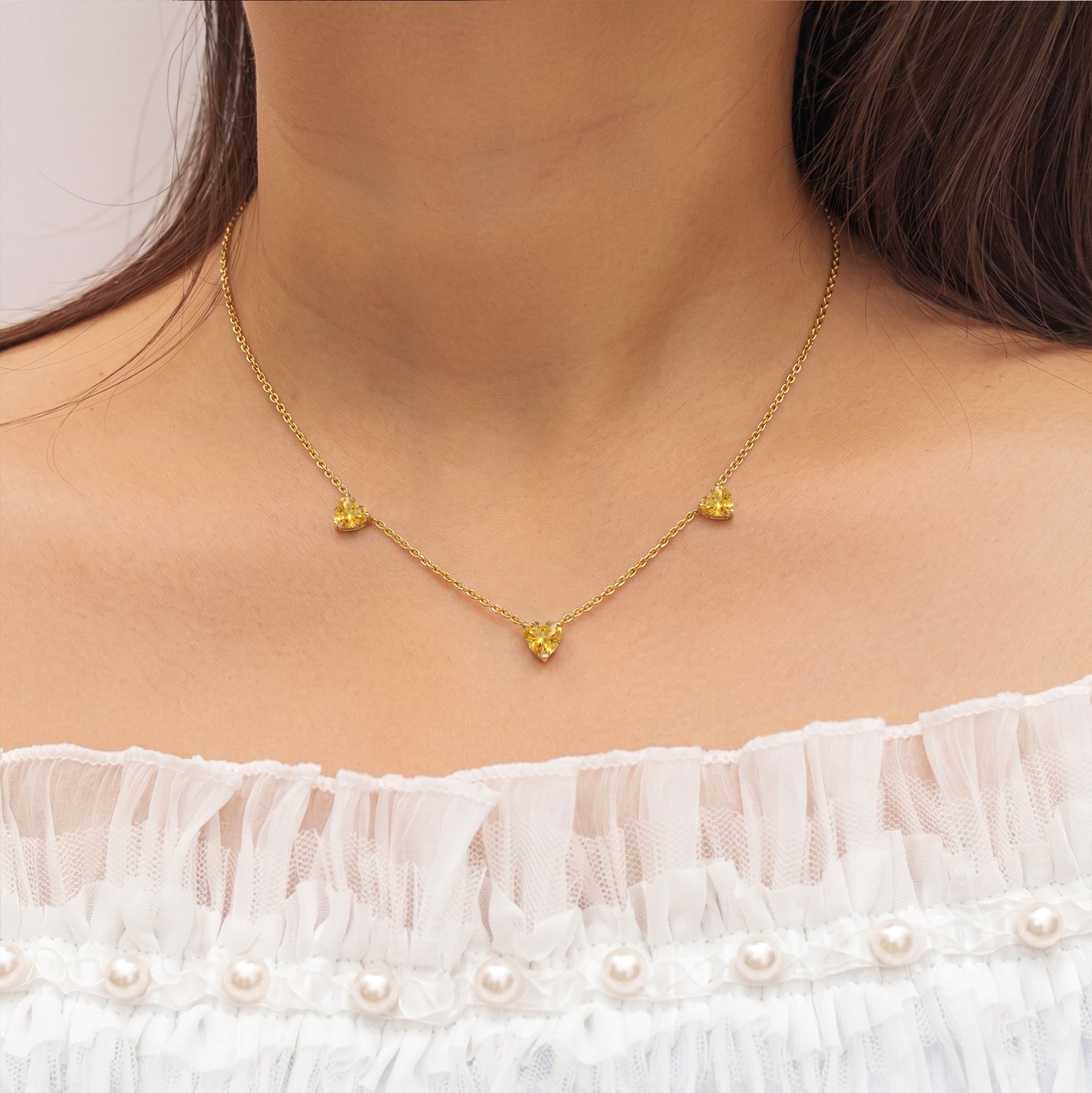 AAA Grade Natural Citrine Three Stone Heart Necklace in 925 Sterling Silver