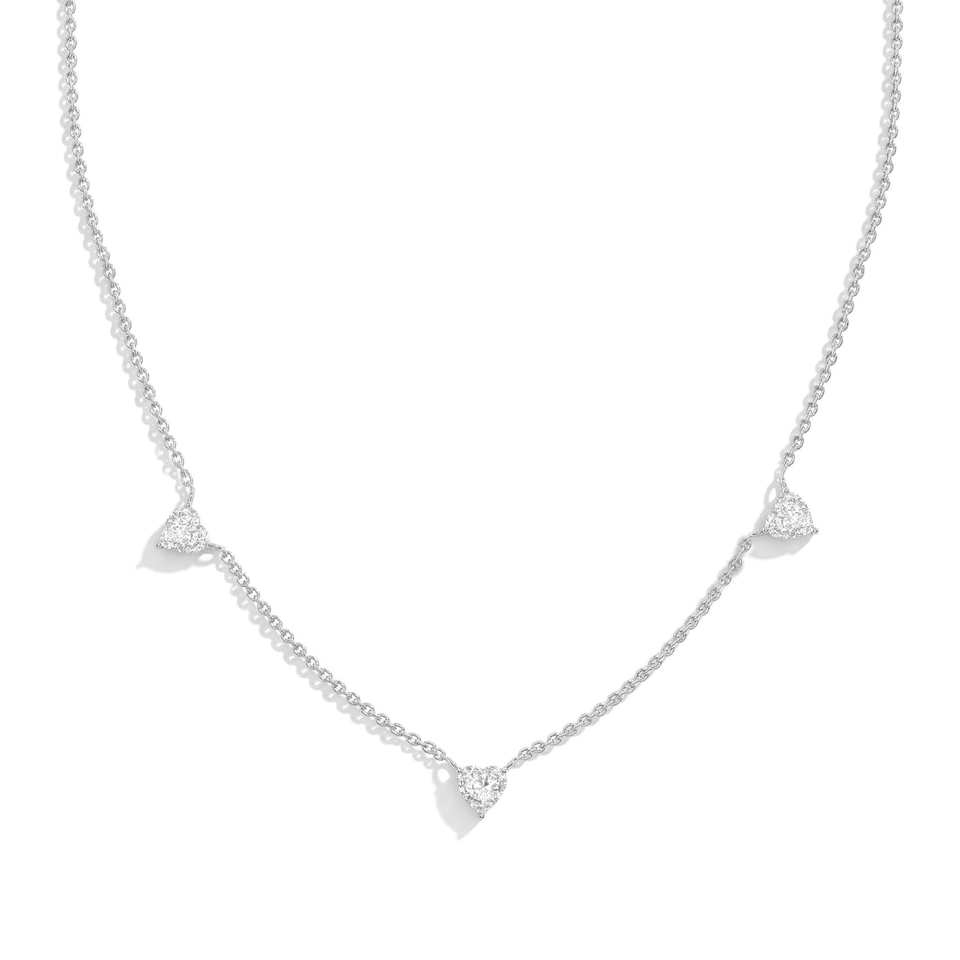 AAA Grade Natural Moissanite Three Stone Heart Necklace in 925 Sterling Silver with genuine heart-cut gemstones.
