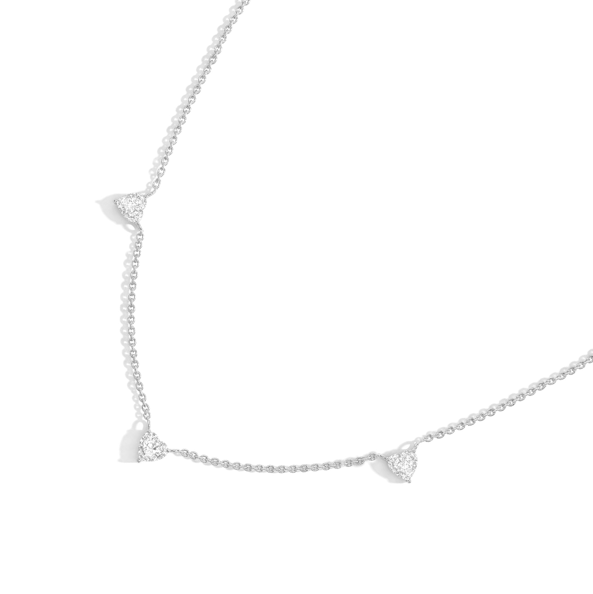 Genuine AAA Natural Moissanite Heart Necklace with three 6mm heart-cut gemstones.
