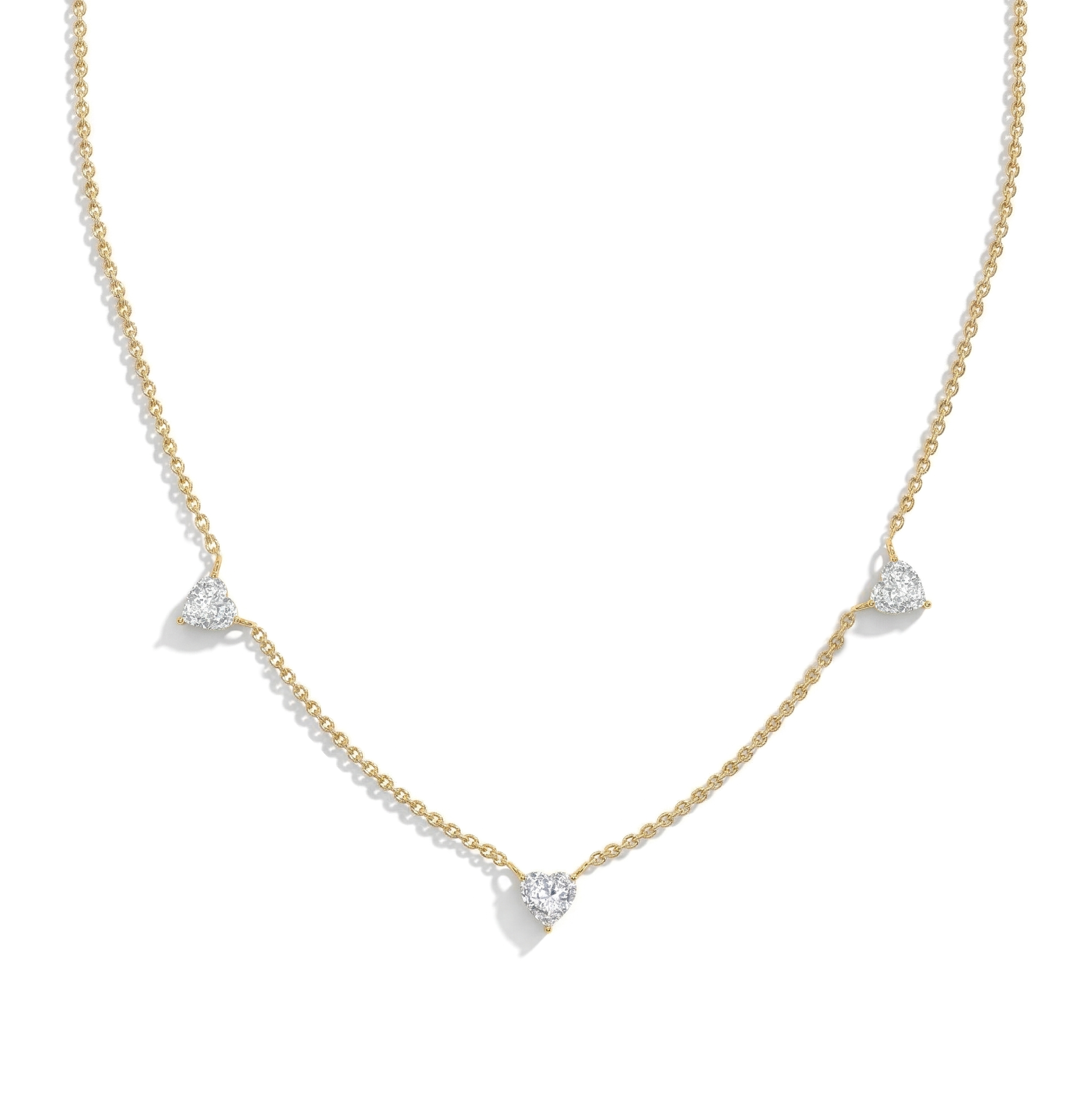 Handmade Natural Moissanite Three Stone Heart Necklace in Yellow Gold Filled.

