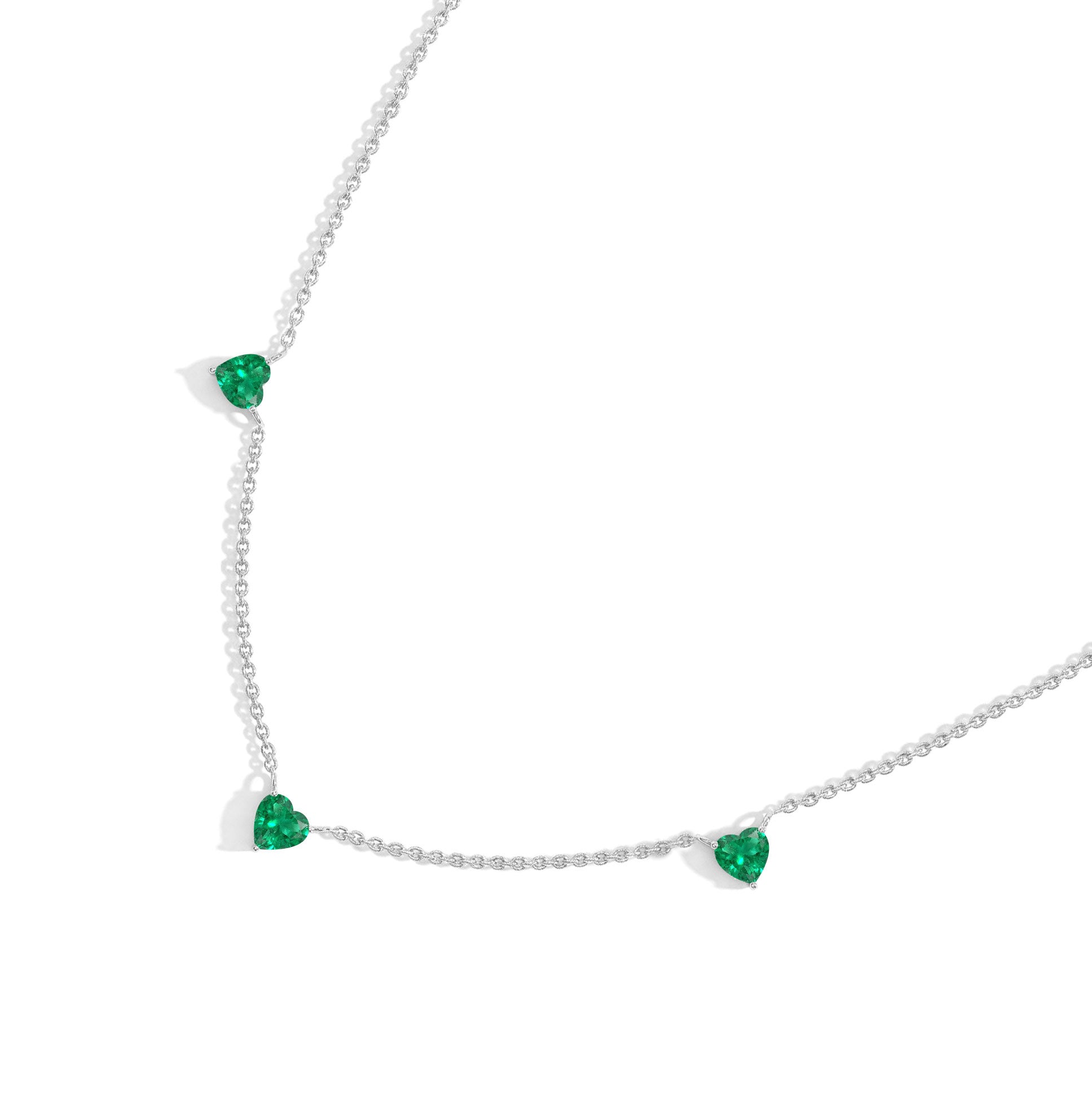 Genuine AAA Emerald Heart Necklace with three 6mm heart-cut gemstones.
