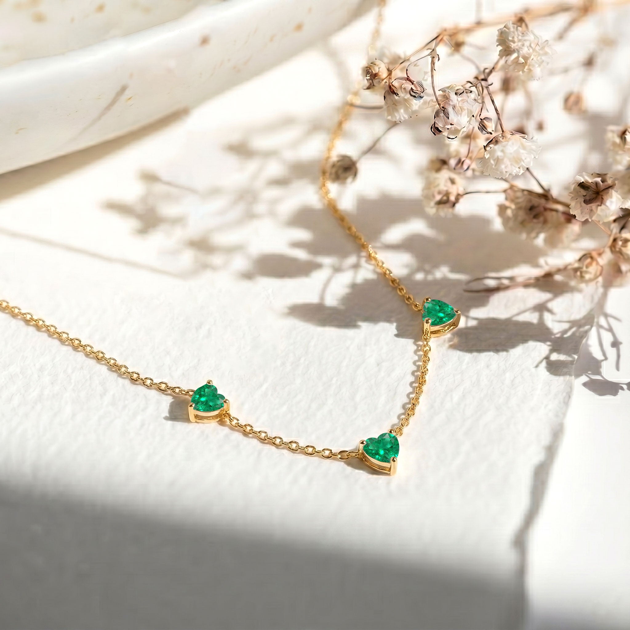 AAA Grade Emerald Three Stone Heart Necklace, handcrafted gemstone jewelry gift for her."
