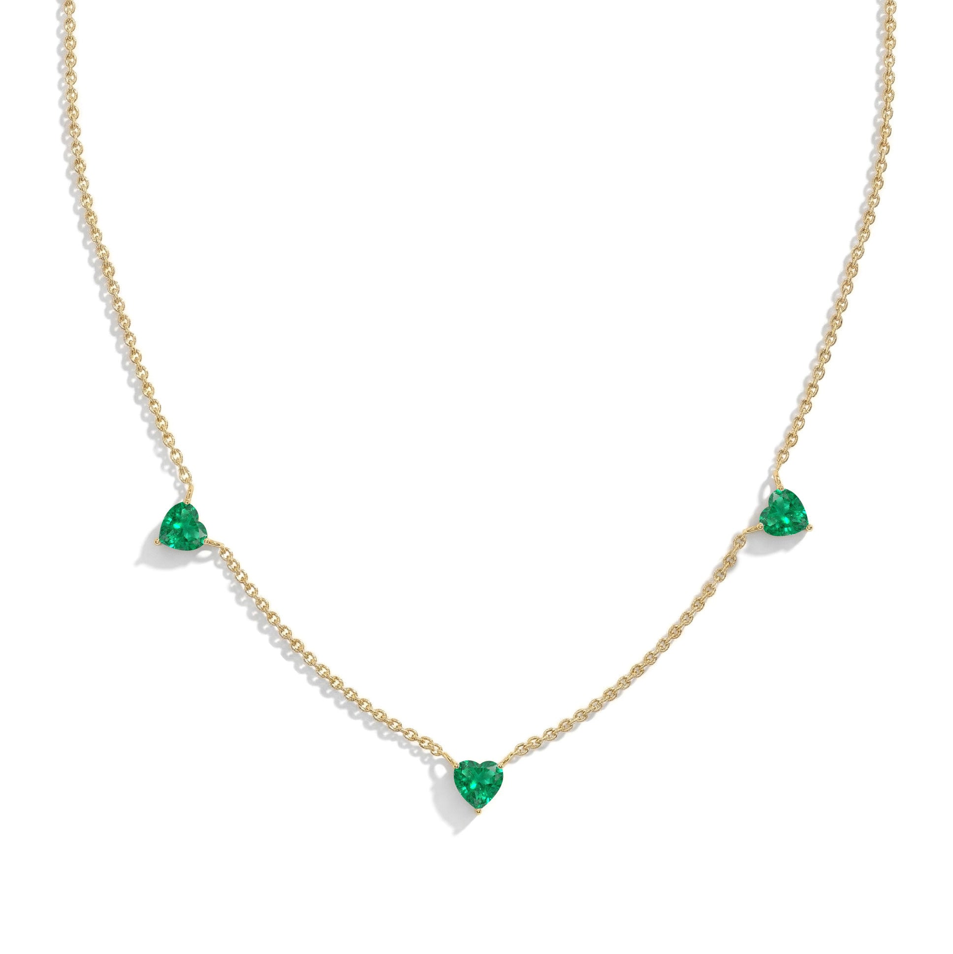 Handmade Emerald Three Stone Heart Necklace in Yellow Gold Filled.
