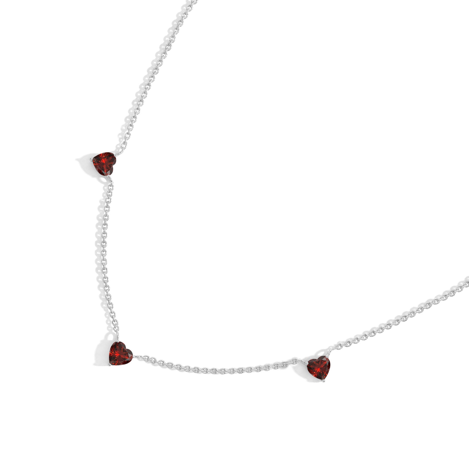 Genuine AAA Natural Garnet Heart Necklace with three 6mm heart-cut gemstones.

