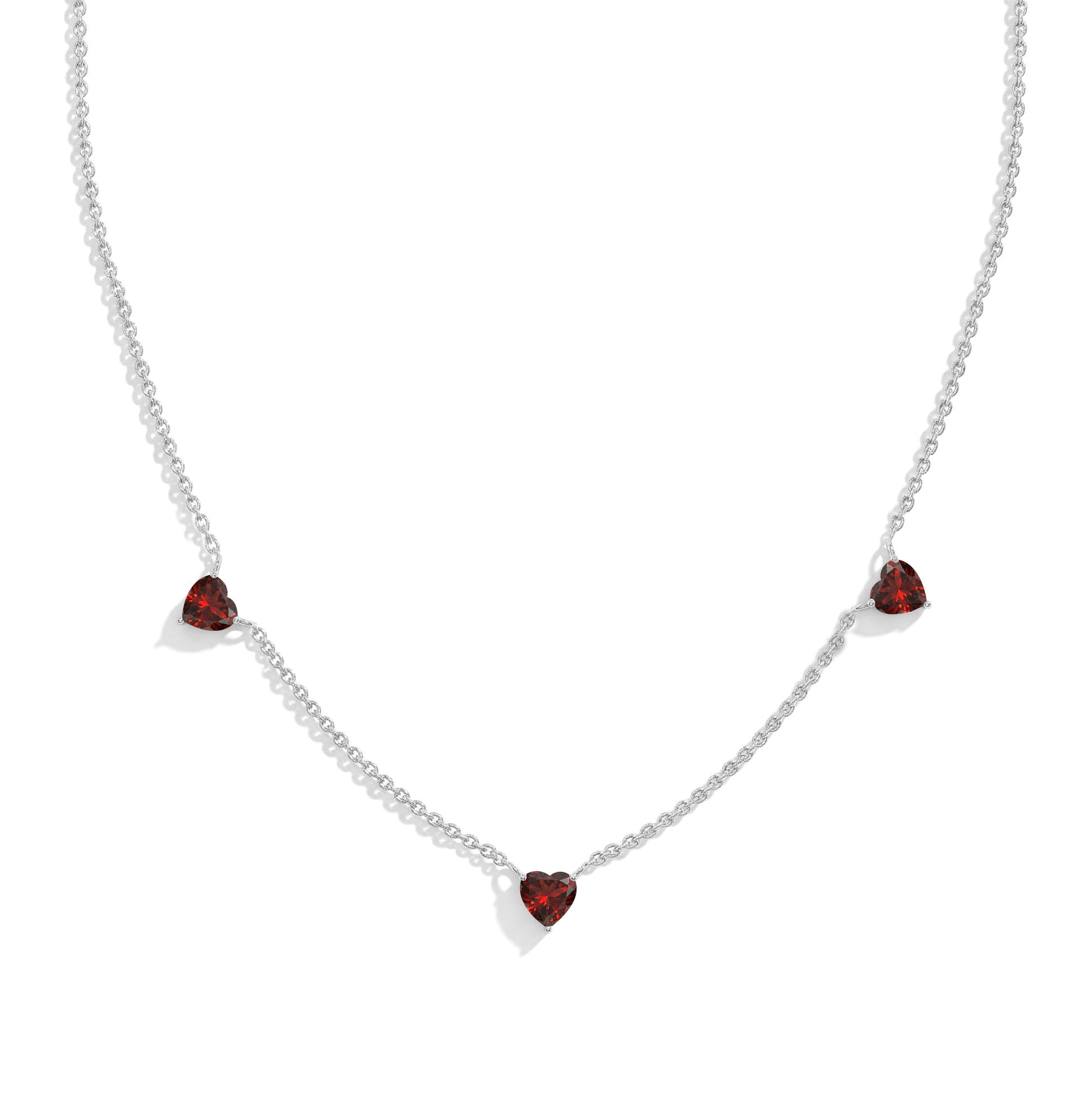 "AAA Grade Natural Garnet Three Stone Heart Necklace in 925 Sterling Silver with genuine heart-cut gemstones.

