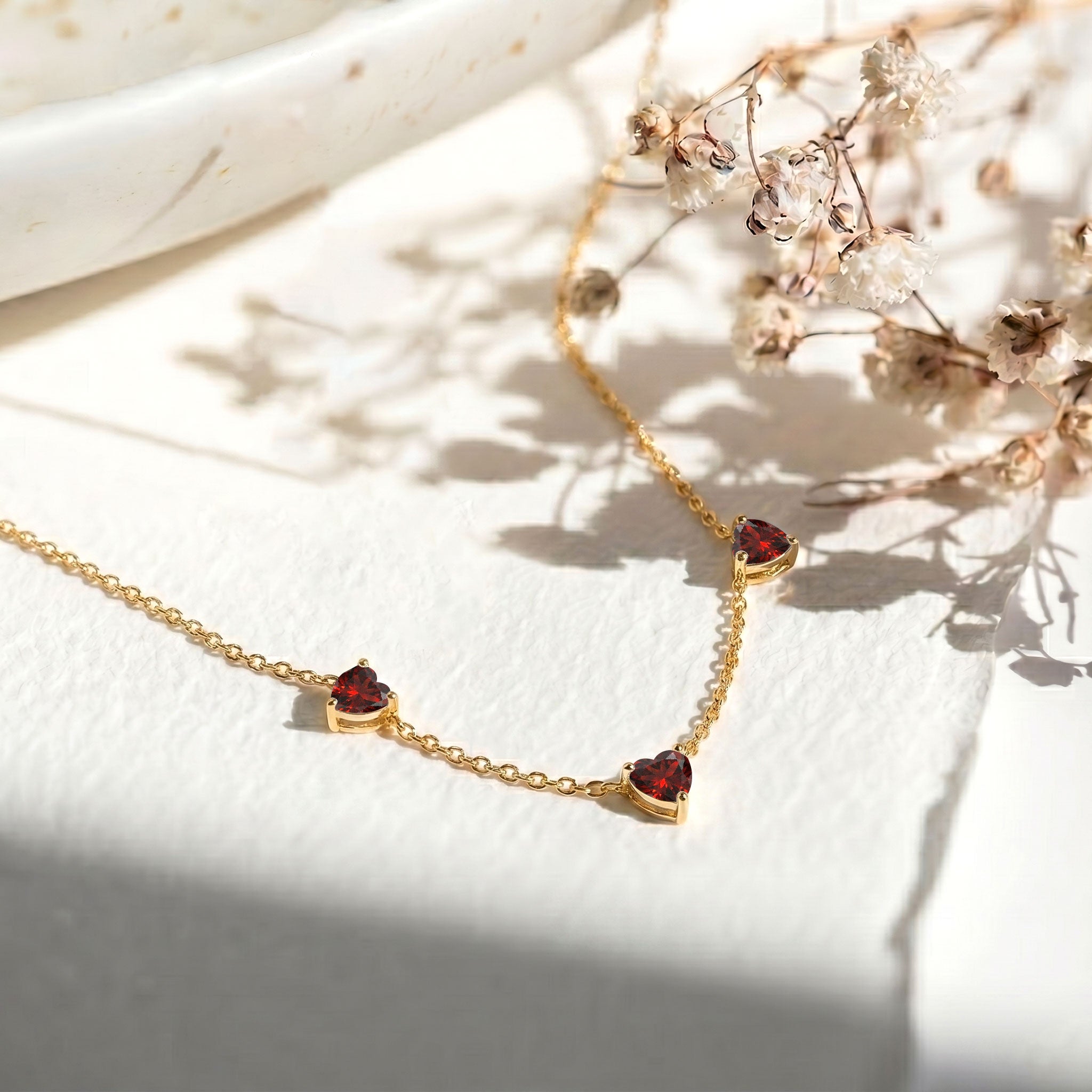 AAA Grade Natural Garnet Three Stone Heart Necklace, handcrafted gemstone jewelry gift for her."
