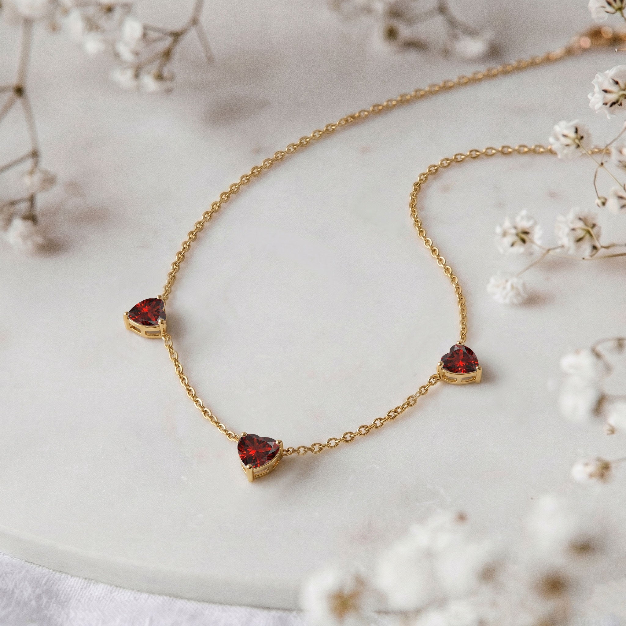 AAA Grade Natural Garnet Three Stone Heart Necklace in 925 Sterling Silver