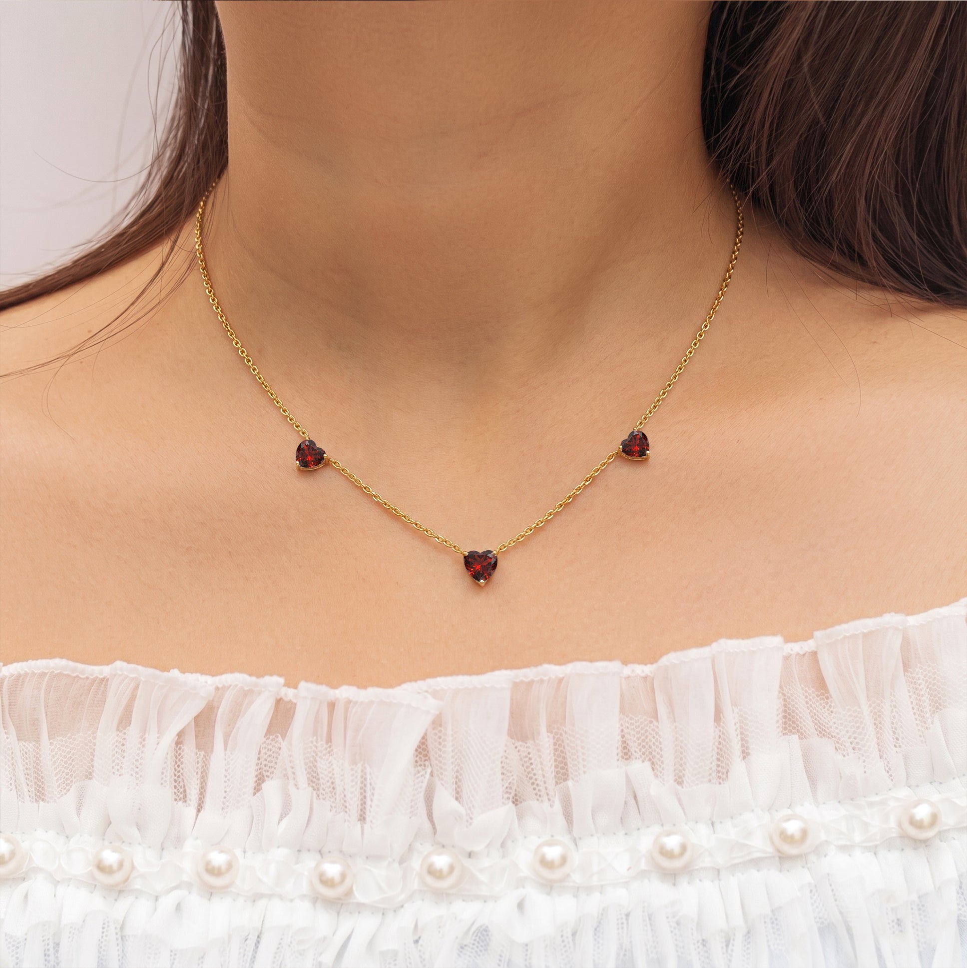 AAA Grade Natural Garnet Three Stone Heart Necklace in 925 Sterling Silver