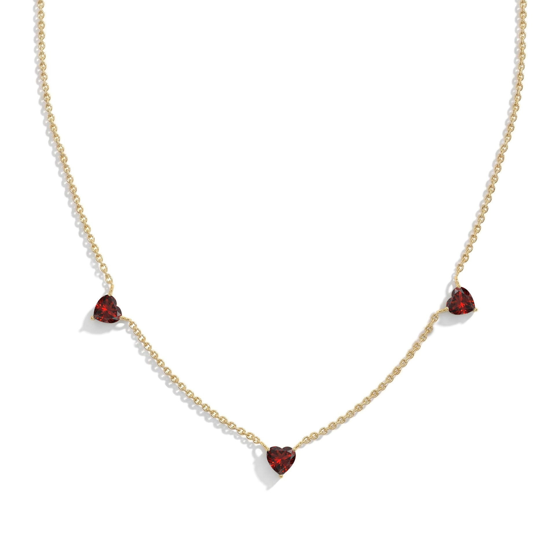 Handmade Natural Garnet Three Stone Heart Necklace in Yellow Gold Filled.
