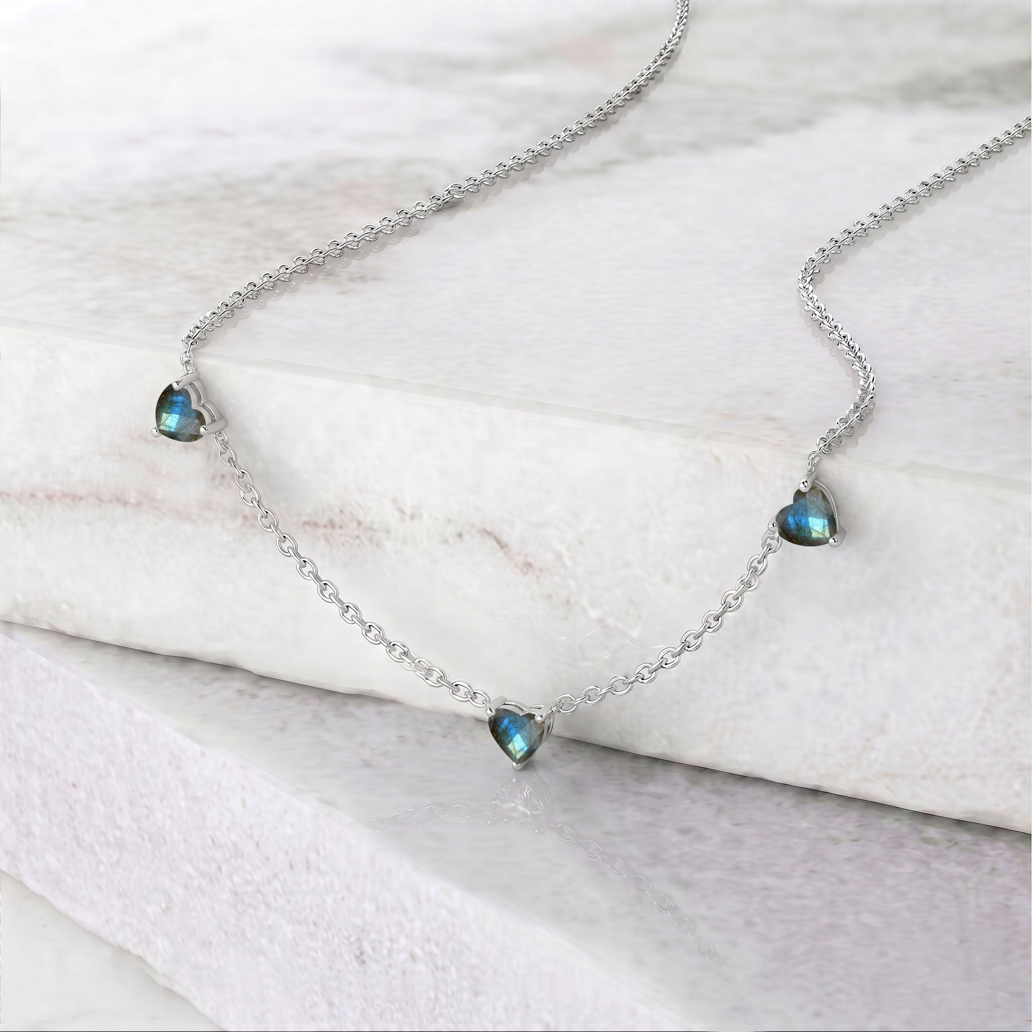 Handmade Natural Labradorite Three Stone Heart Necklace in Yellow Gold Filled.
