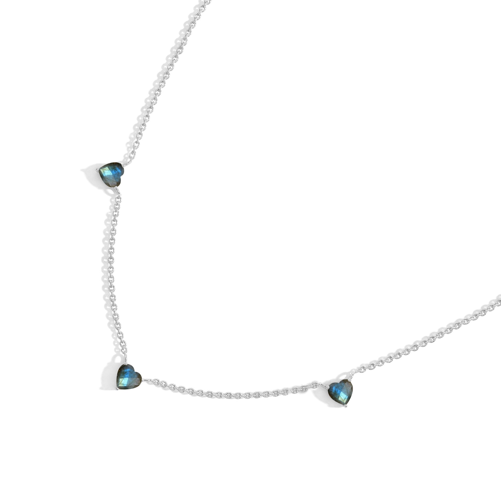 Handmade Natural Labradorite Three Stone Heart Necklace in Yellow Gold Filled.
