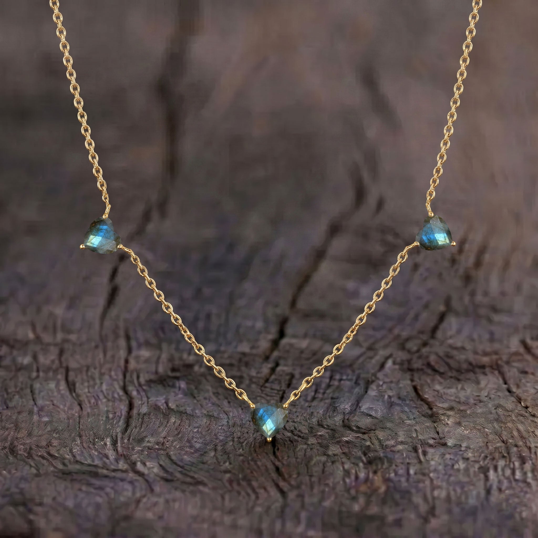 Natural Labradorite Heart Necklace on a delicate 16-inch chain for everyday wear.
