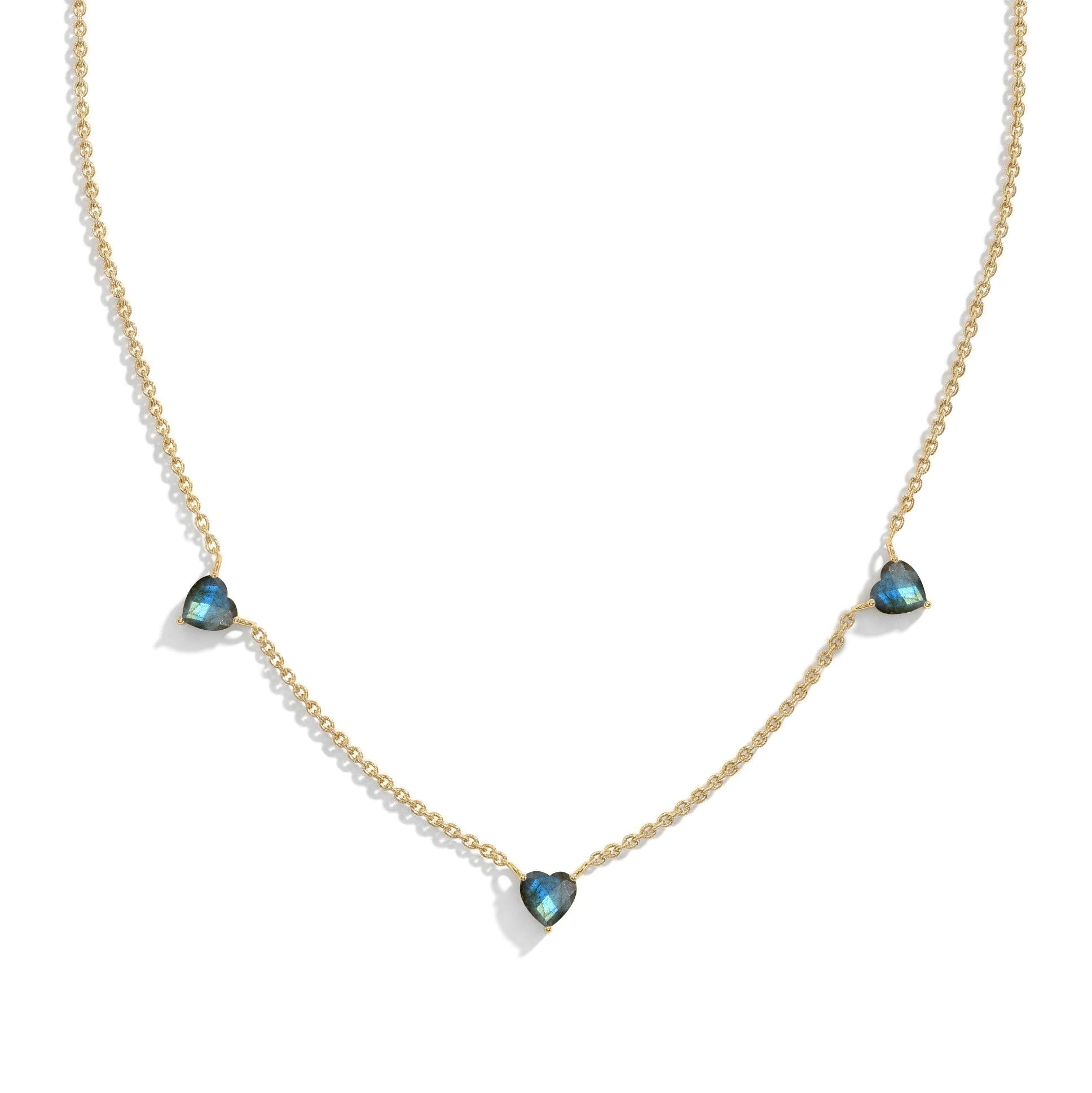 Natural Labradorite Three Stone Heart Necklace available in Sterling Silver and Gold Filled.
