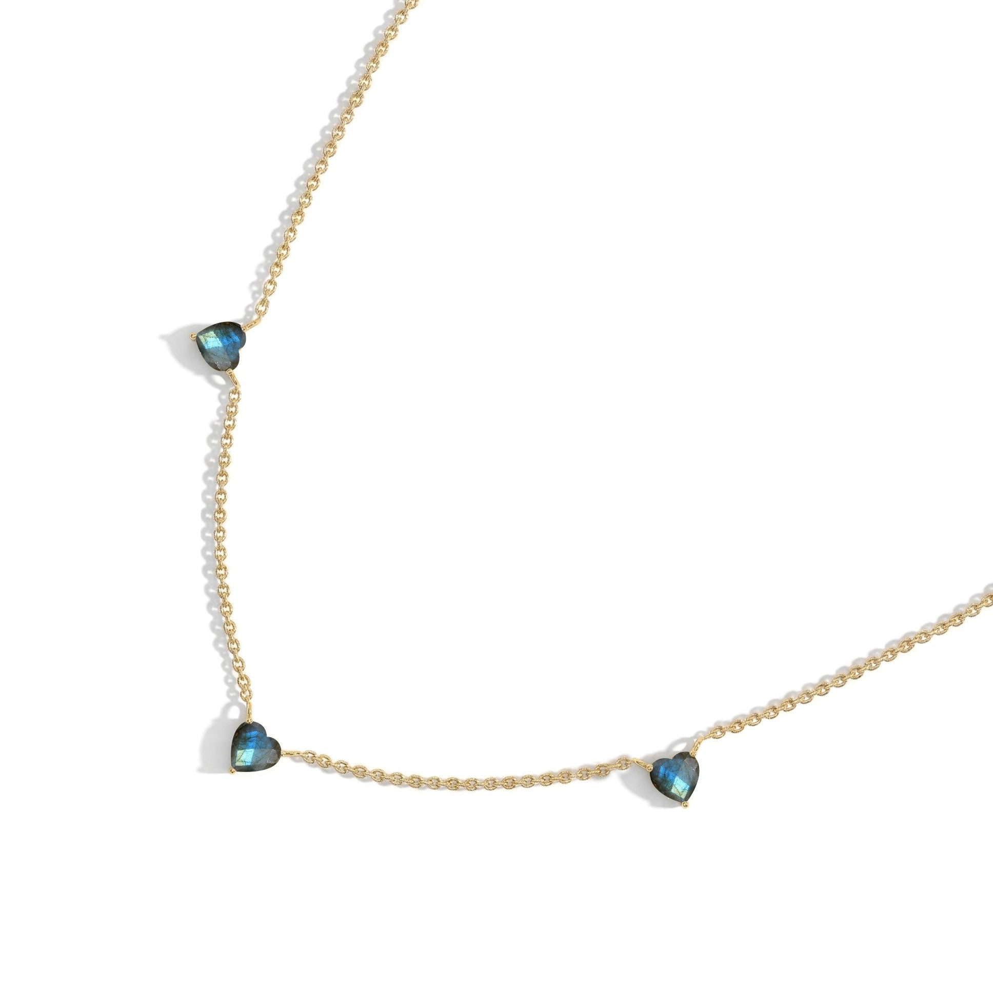 Fine jewelry Natural Labradorite necklace with three heart-shaped gemstones.
