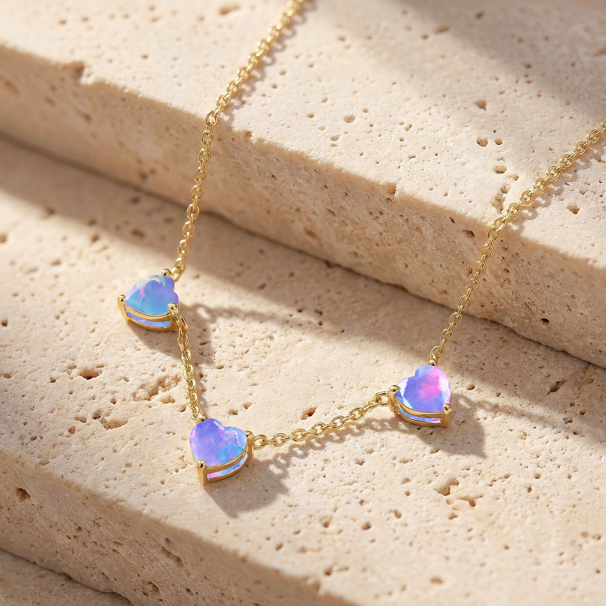 Genuine AAA Lavender Opal Heart Necklace with three 6mm heart-cut gemstones.
