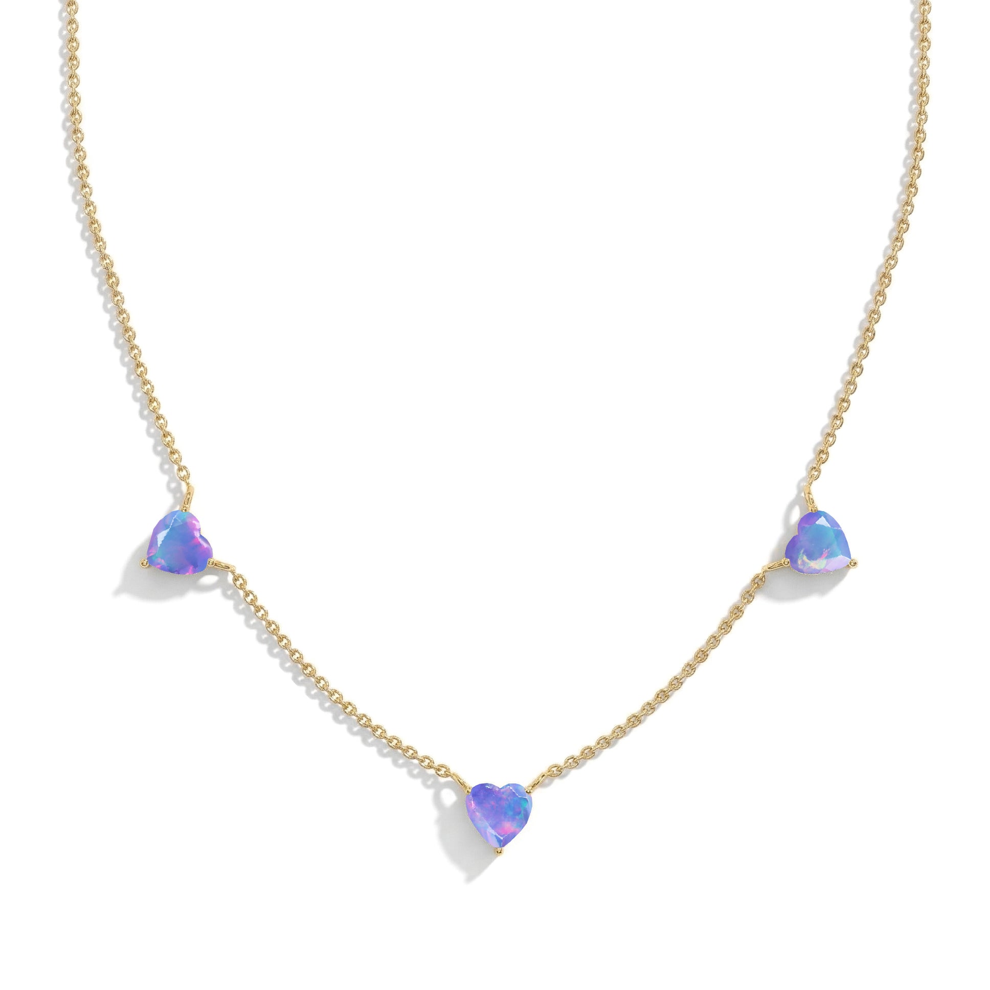 Handmade Lavender Opal Three Stone Heart Necklace in Yellow Gold Filled.
